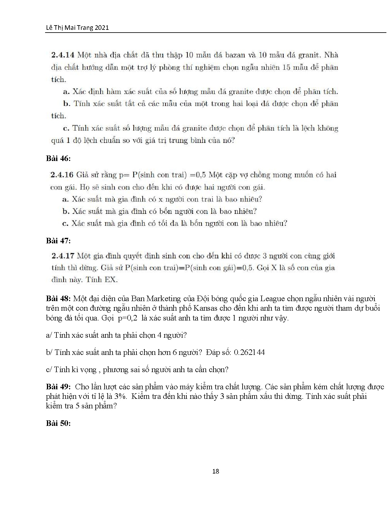 Tổng hợp bài tập xác suất thống kê các năm và đáp án - Trang 18