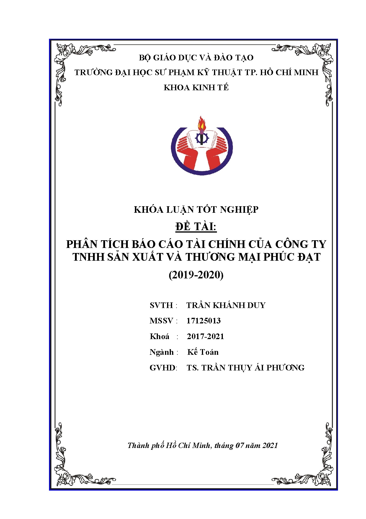 Đồ án tốt nghiệp - Phân tích báo cáo tài chính của Công ty TNHH sản xuất và thương mại Phúc Đạt (