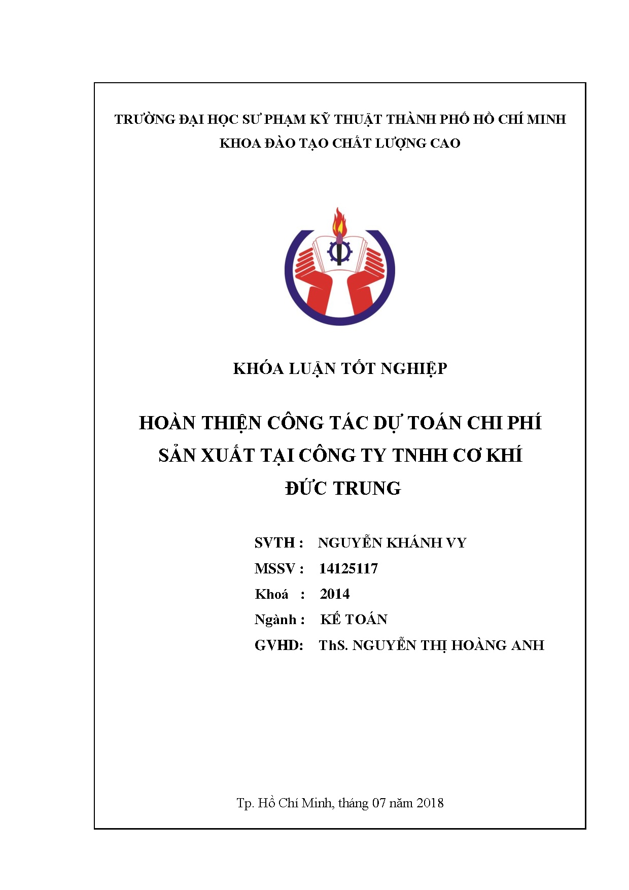 Đồ án tốt nghiệp - Hoàn thiện công tác dự toán chi phí sản xuất tại công ty TNHH Cơ khí Đức Trung