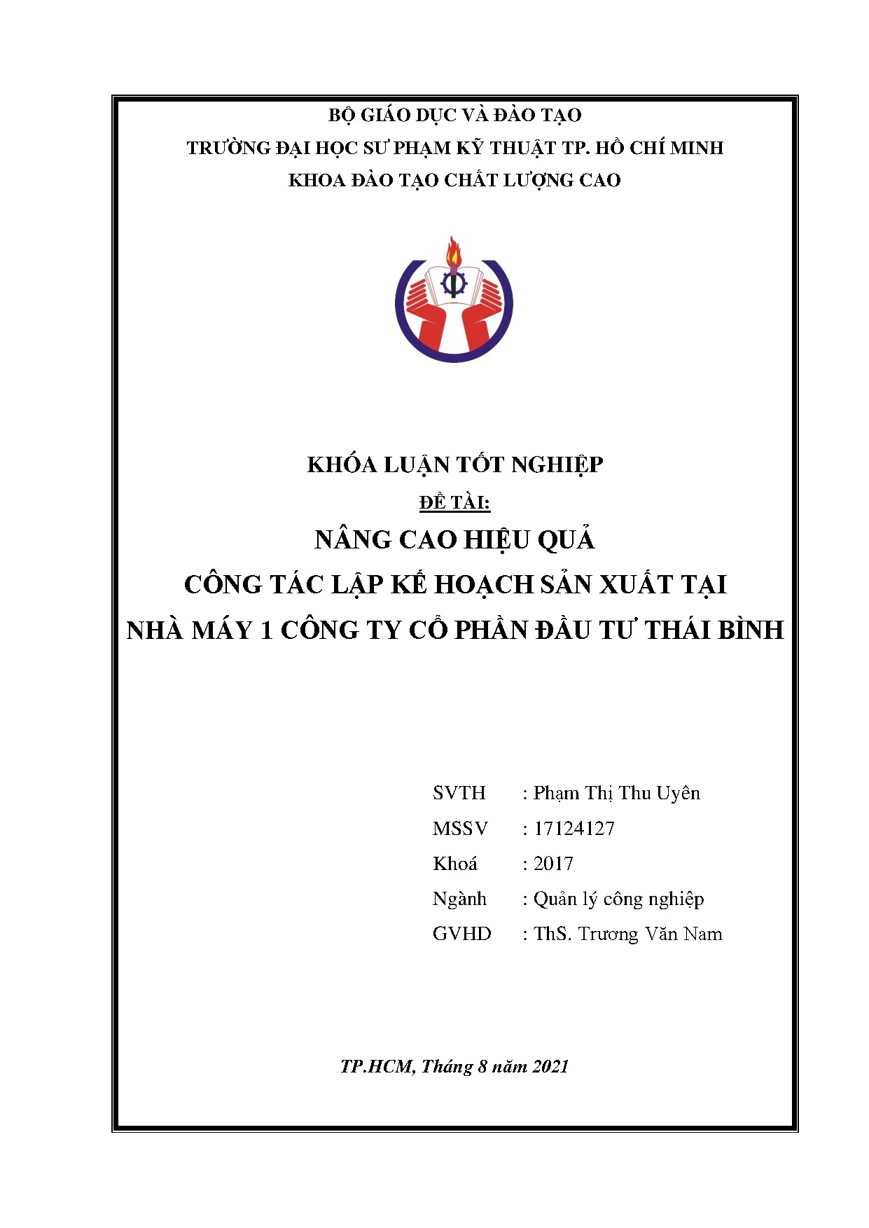 Đồ án tốt nghiệp - Nâng cao hiệu quả công tác lập kế hoạch sản xuất tại Nhà máy 1 Công ty cổ PĐTTB