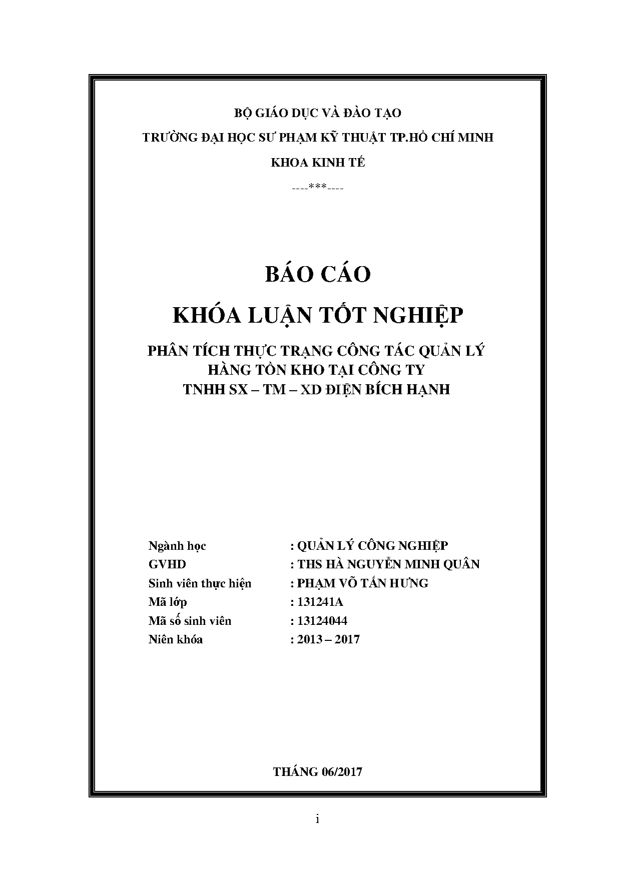 Đồ án tốt nghiệp - Phân tích thực trạng công tác quản lý hàng tồn kho tại Công ty TNHH SX - T - XĐBH