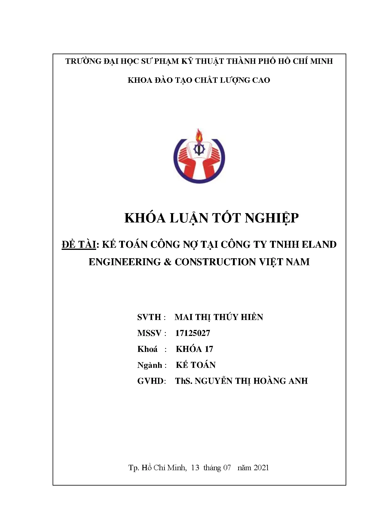 Đồ án tốt nghiệp - Kế toán công nợ tại Công ty TNHH Eland Engineering &amp; construction Việt Nam