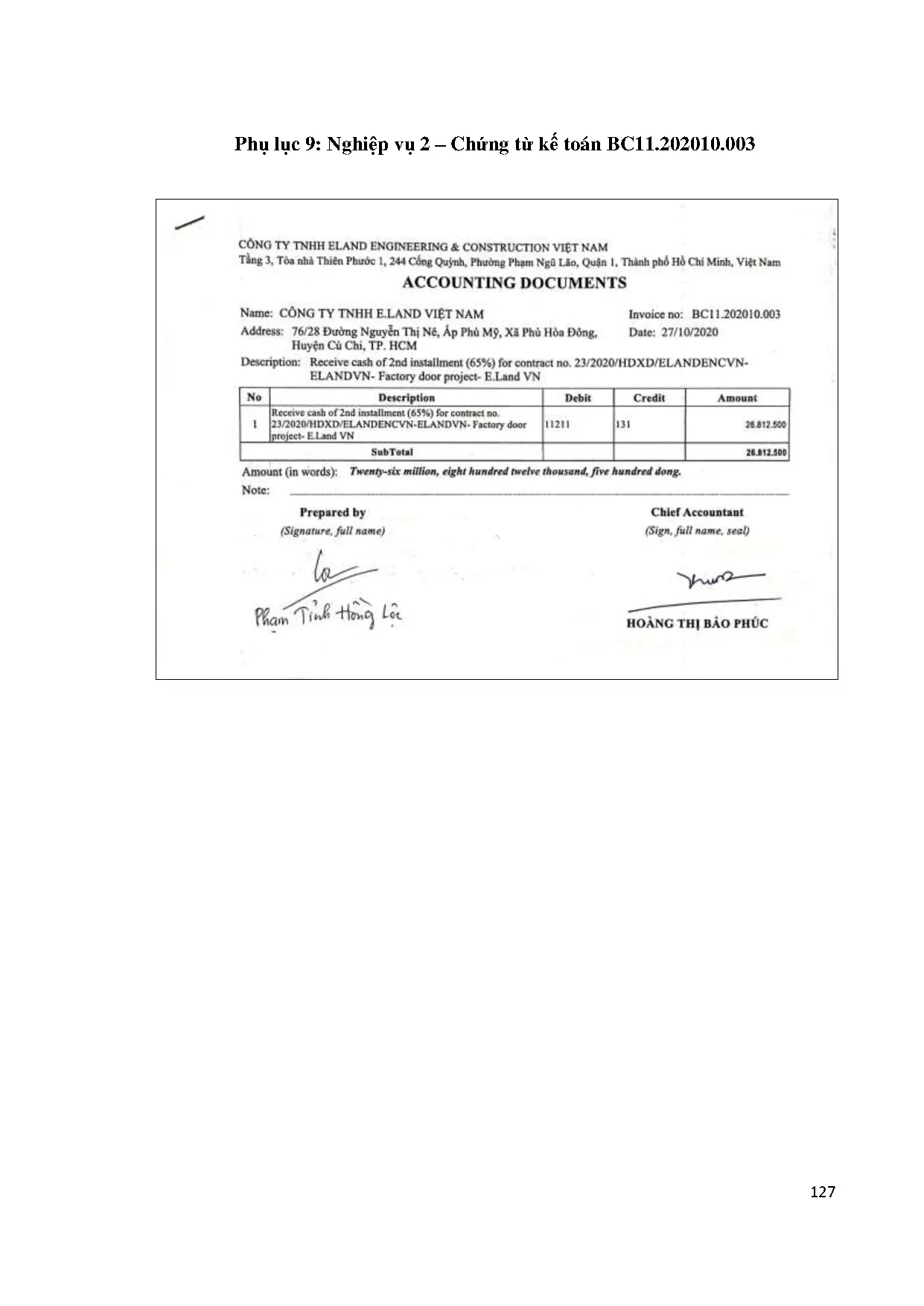 Đồ án tốt nghiệp - Kế toán công nợ tại Công ty TNHH Eland Engineering &amp; construction Việt Nam - Trang 127