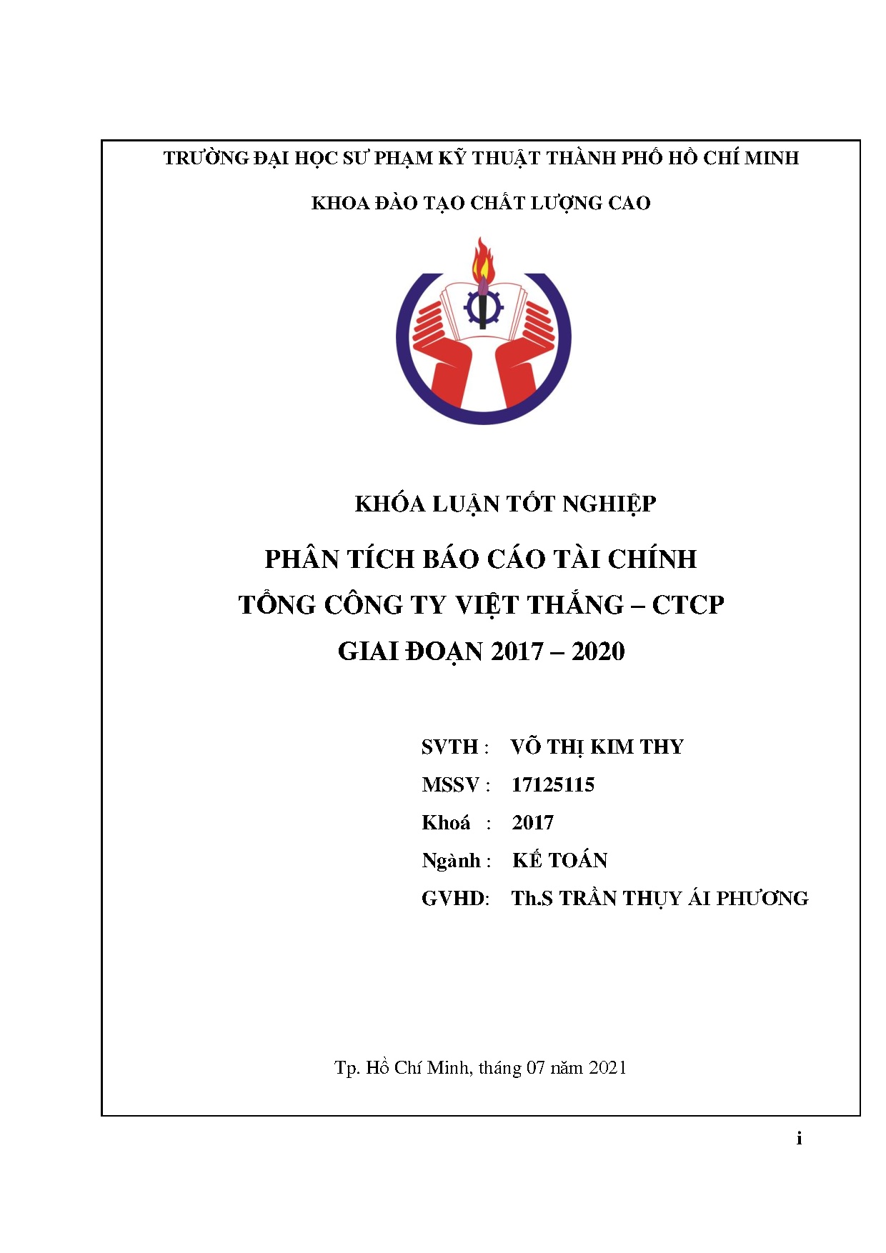 Đồ án tốt nghiệp - Phân tích báo cáo tài chính tại Tổng Công ty Việt Thắng - CTCP giai đoạn 2017 - 2