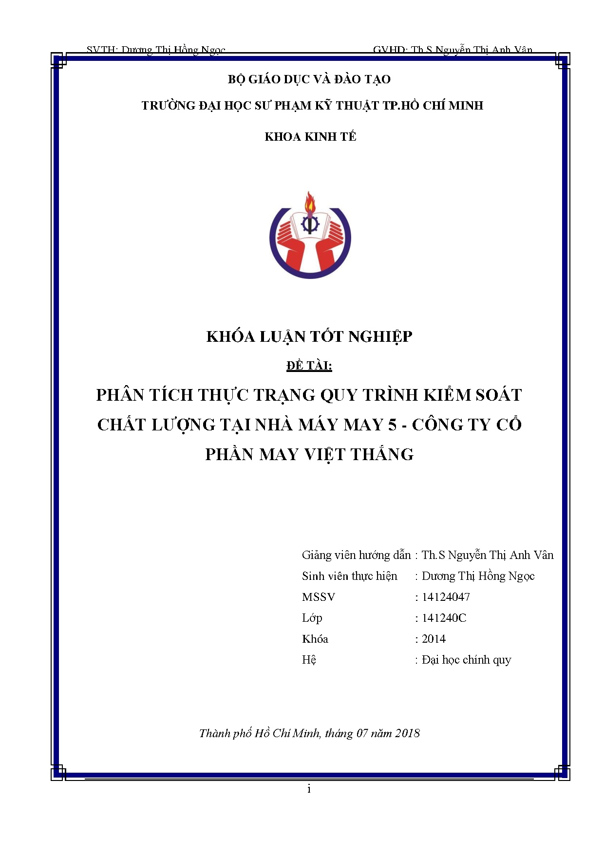 Đồ án tốt nghiệp - Phân tích thực trạng quy trình kiểm soát chất lượng tại nhà máy may 5 - CTCPMVT