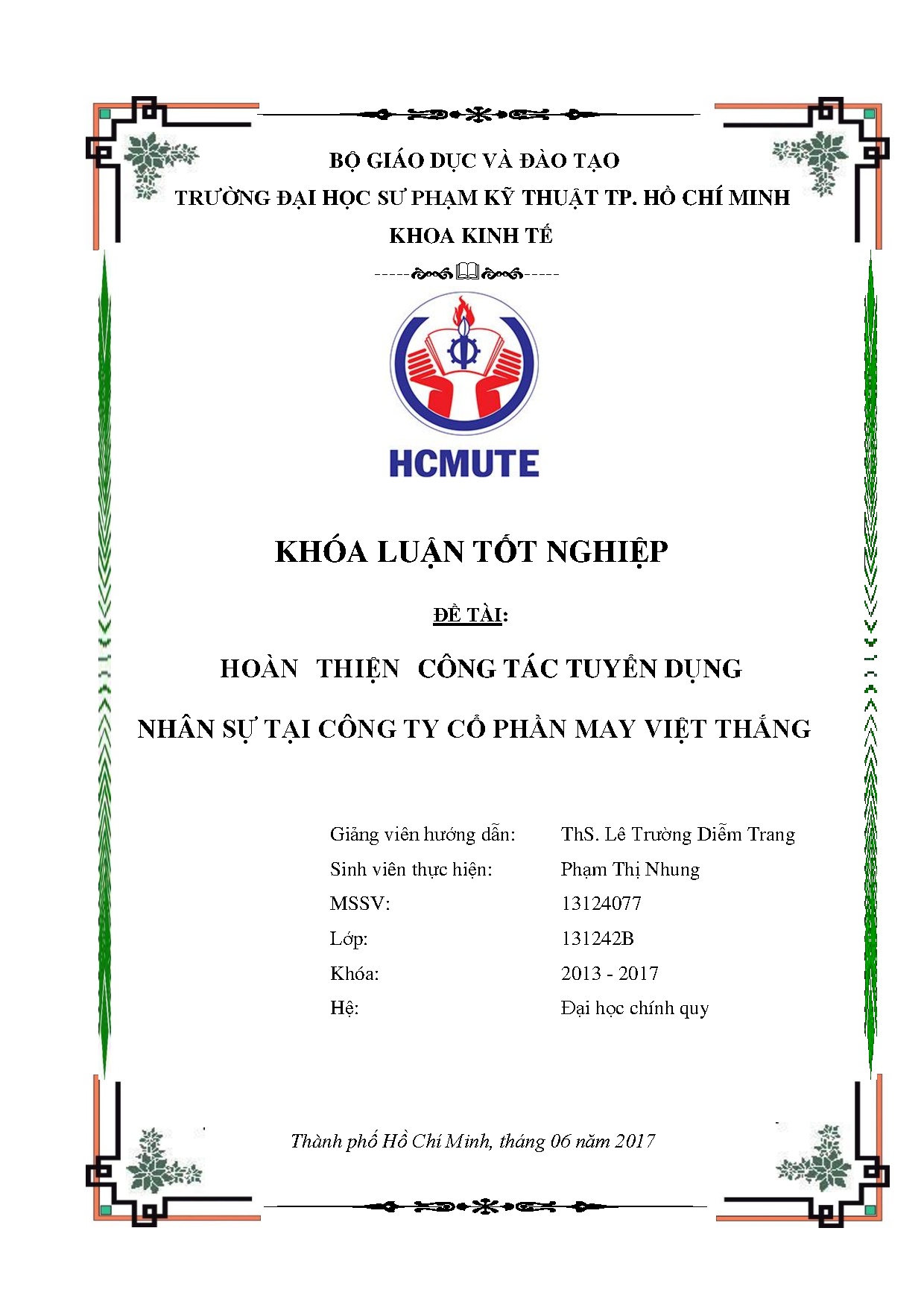 Đồ án tốt nghiệp - Hoàn thiện công tác tuyển dụng nhân sự tại Công ty Cổ phần May Việt Thắng