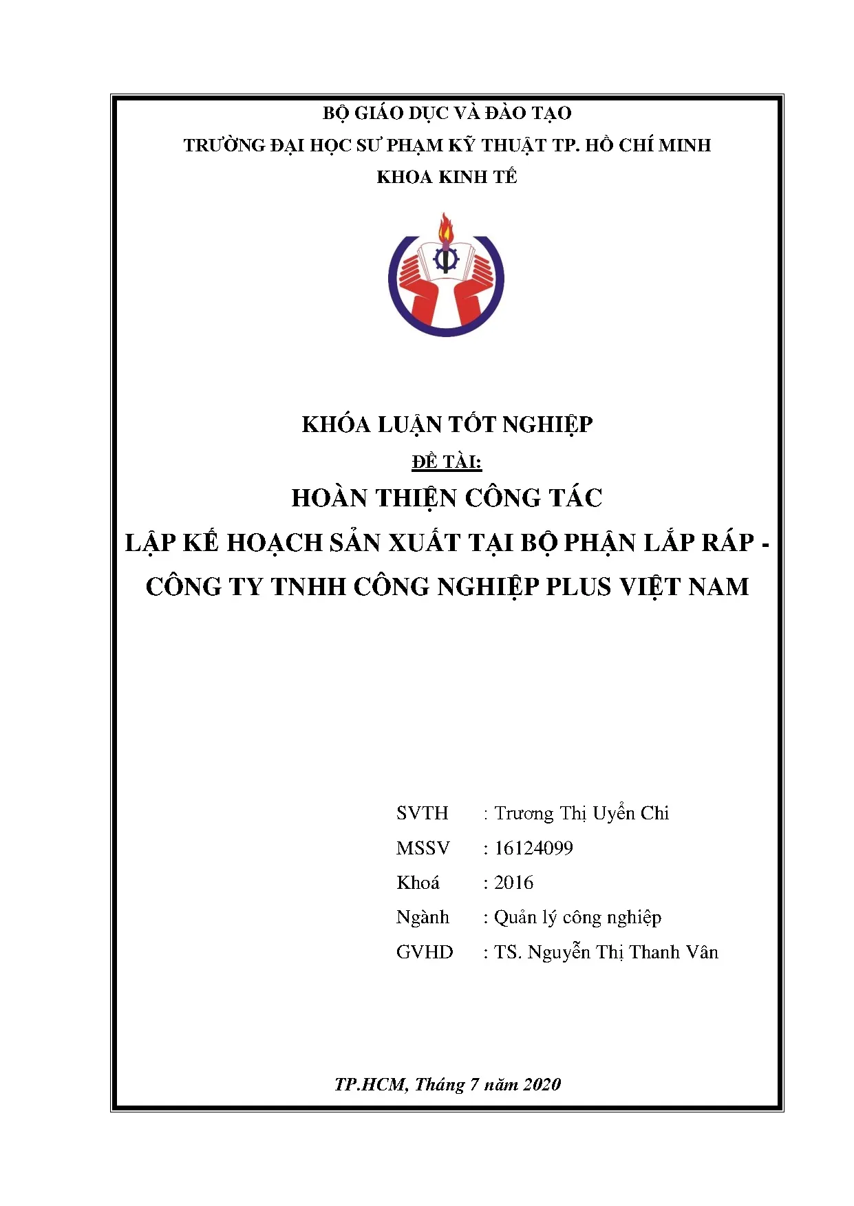 Đồ án tốt nghiệp - Hoàn thiện công tác lập kế hoạch sản xuất tại bộ phận lắp ráp - Công ty TCNPVN
