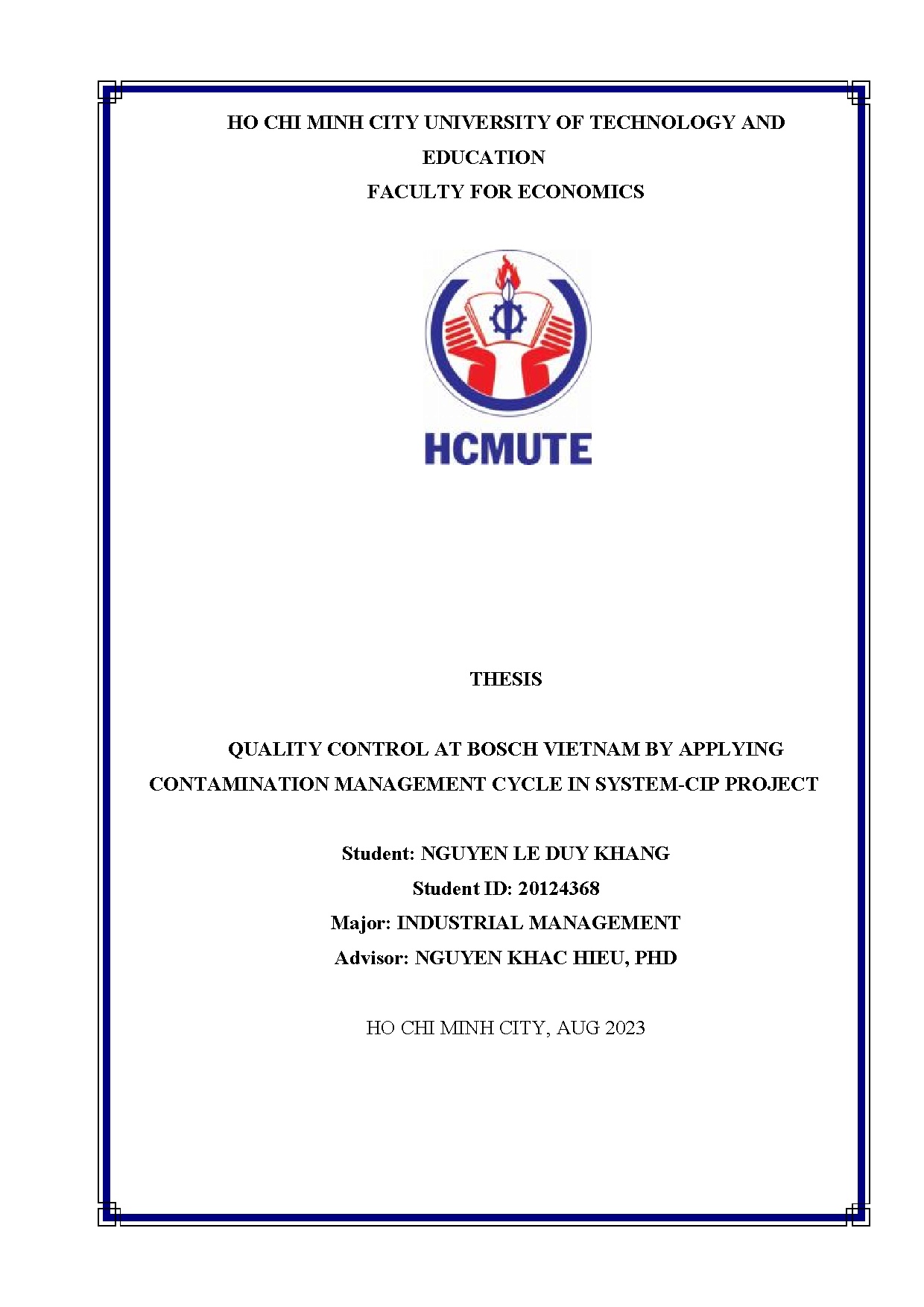 Đồ án tốt nghiệp - Quality control at bosch Vietnam by applying contamination management CIS - CP