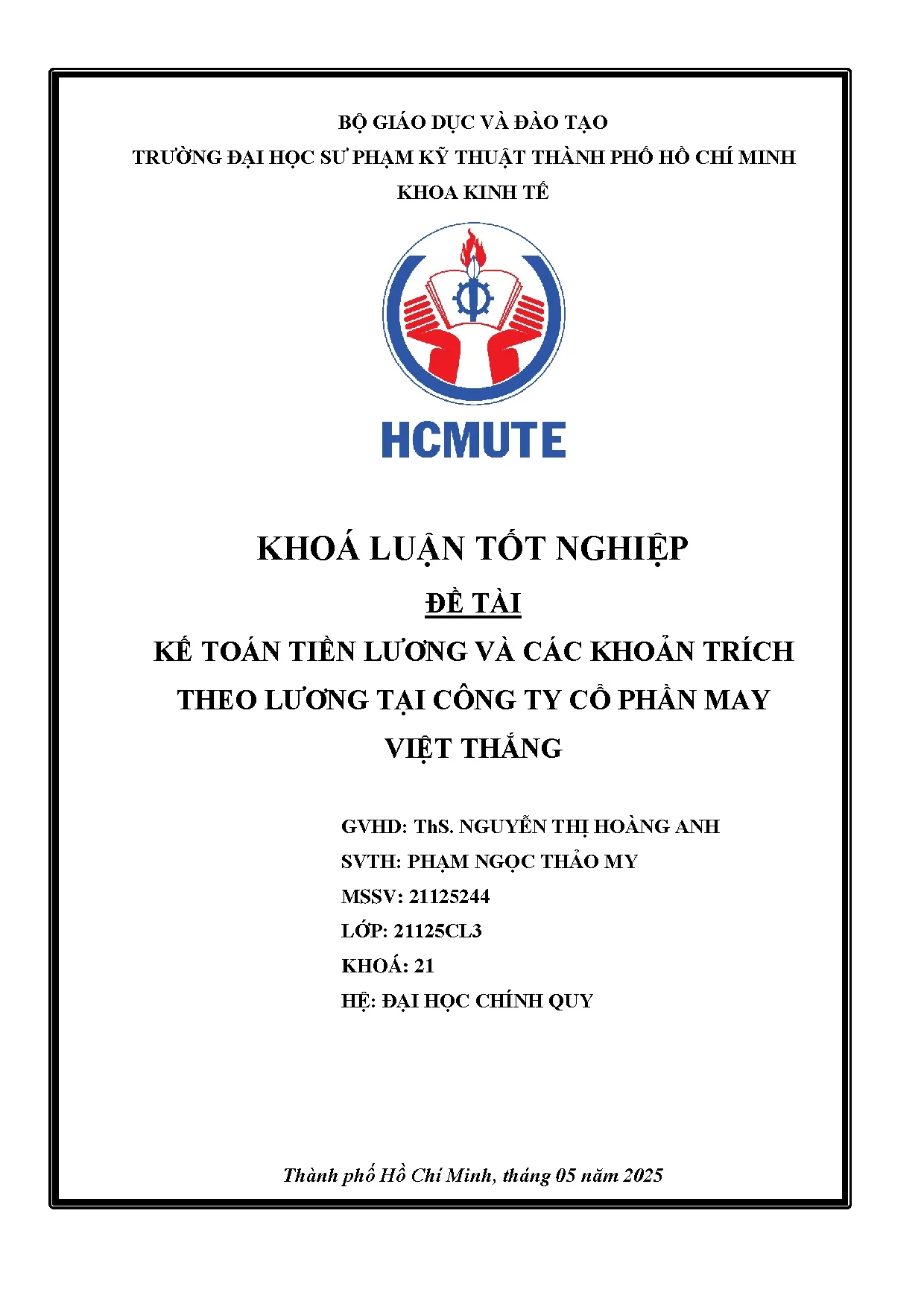 Đồ án tốt nghiệp - Kế toán tiền lương và các khoản trích theo lương tại Công ty Cổ phần may Việt T