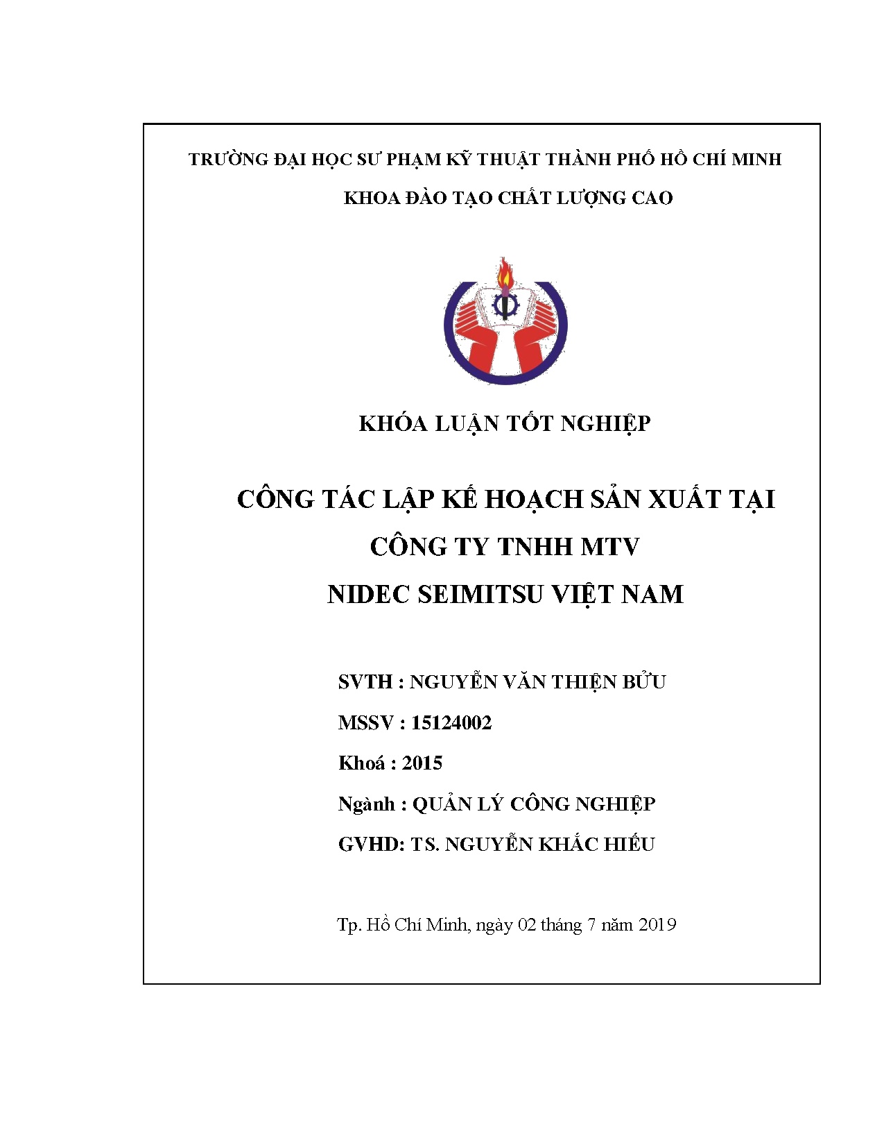 Đồ án tốt nghiệp - Công tác lập kế hoạch sản xuất tại công ty TNHH MTV Nidec Seimitsu Việt Nam