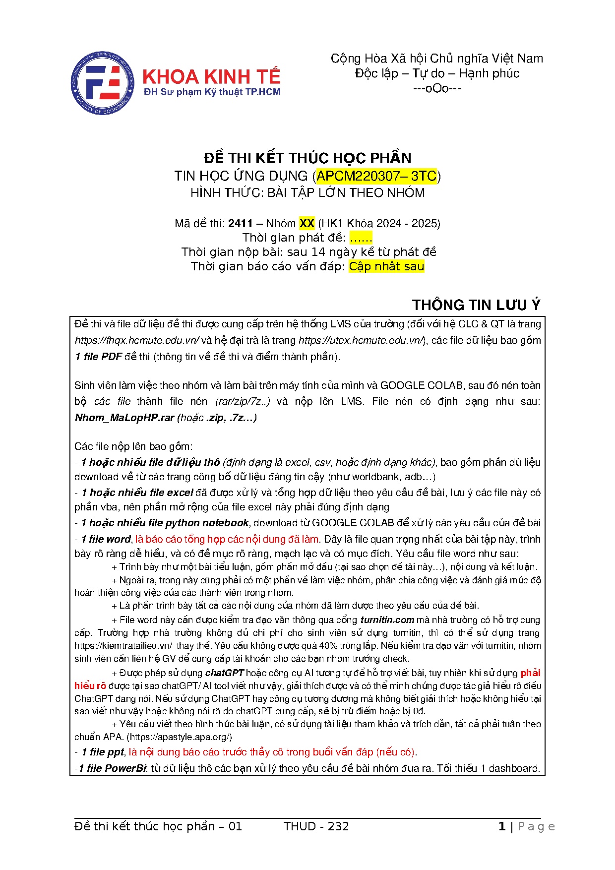 Đề thi cuối kỳ tin học ứng dụng 2024 - 2025