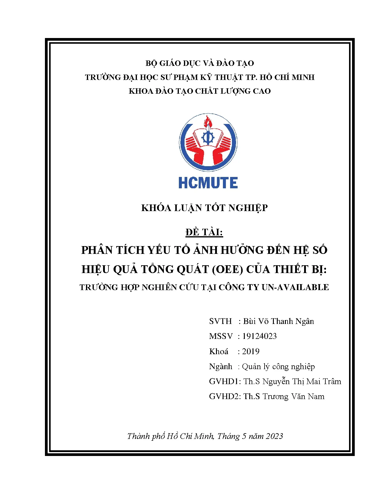 Đồ án tốt nghiệp - Phân tích yếu tố ảnh hưởng đến hệ số hiệu quả tổng quát (OEE) của thiết BTHNCTCTU