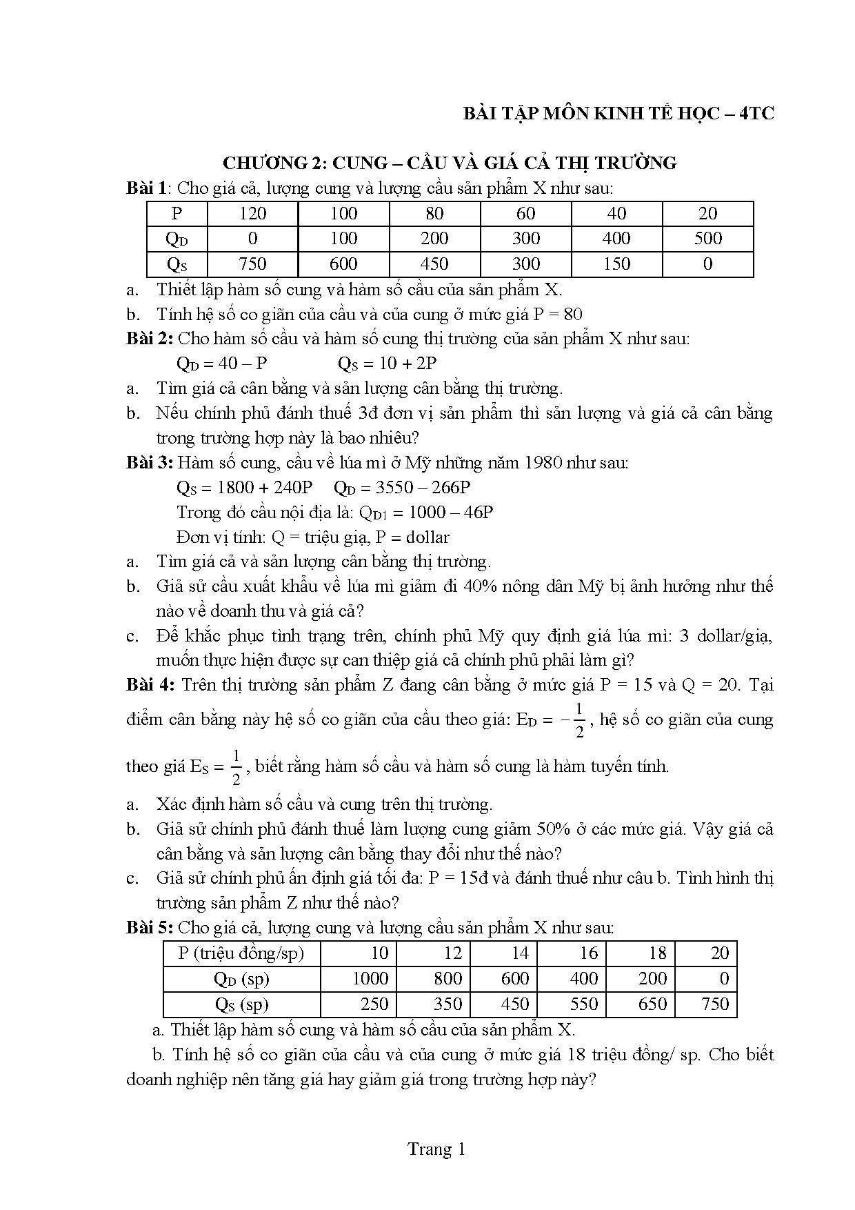 Bài tập kinh tế học