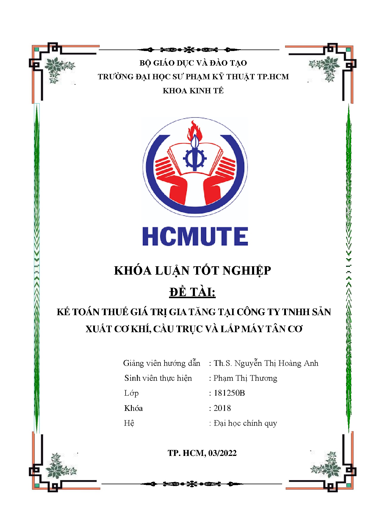 Đồ án tốt nghiệp - Kế toán thuế giá trị gia tăng tại Công ty TNHH sản xuất cơ khí, cầu trục và LMTC