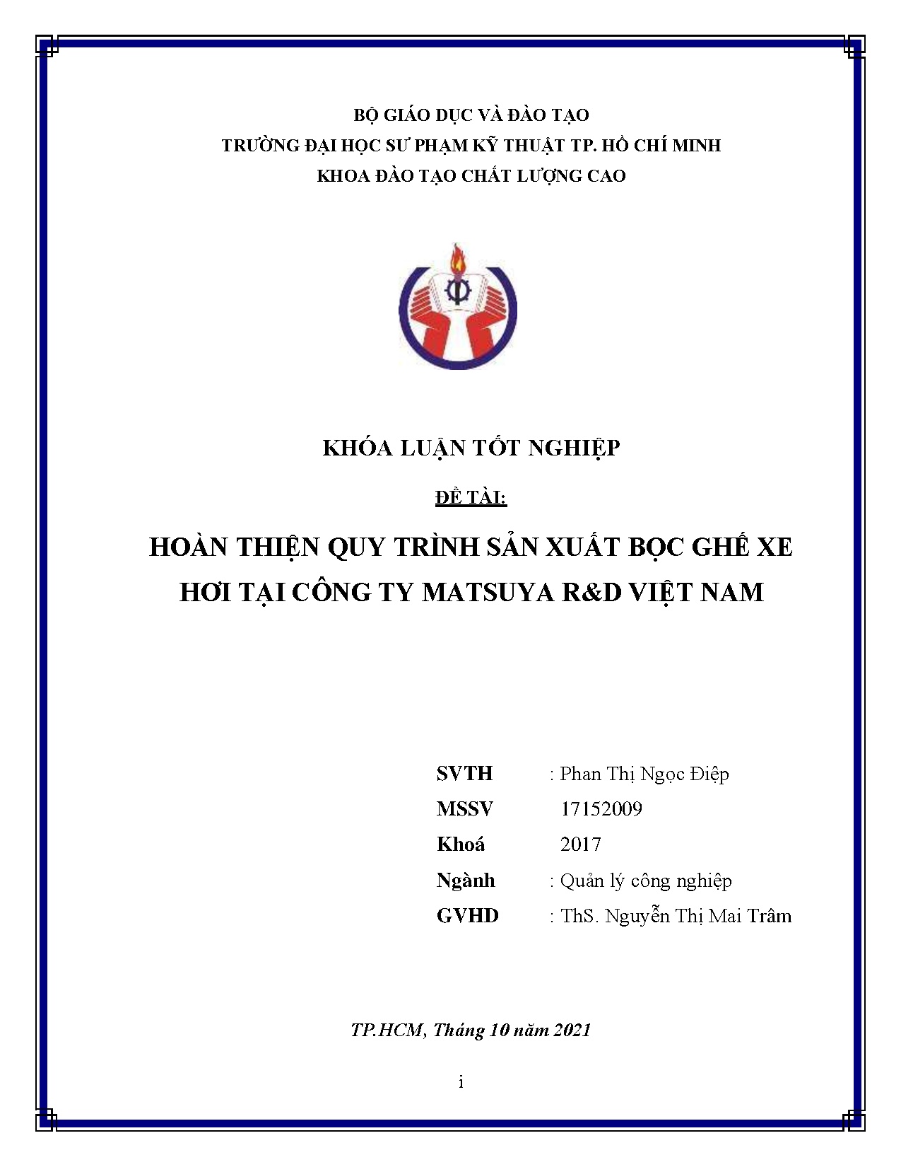 Đồ án tốt nghiệp - Hoàn thiện quy trình sản xuất bọc ghế xe hơi tại Công ty Matsuya R&amp;D Việt Nam