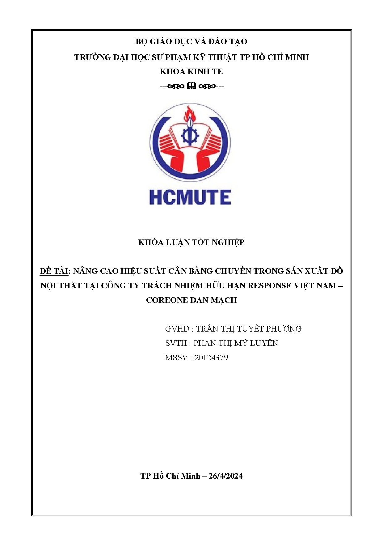 Đồ án tốt nghiệp - Nâng cao hiệu suất cân bằng chuyền trong sản xuất đồ nội thất tại CTTNHHRVN - CĐM