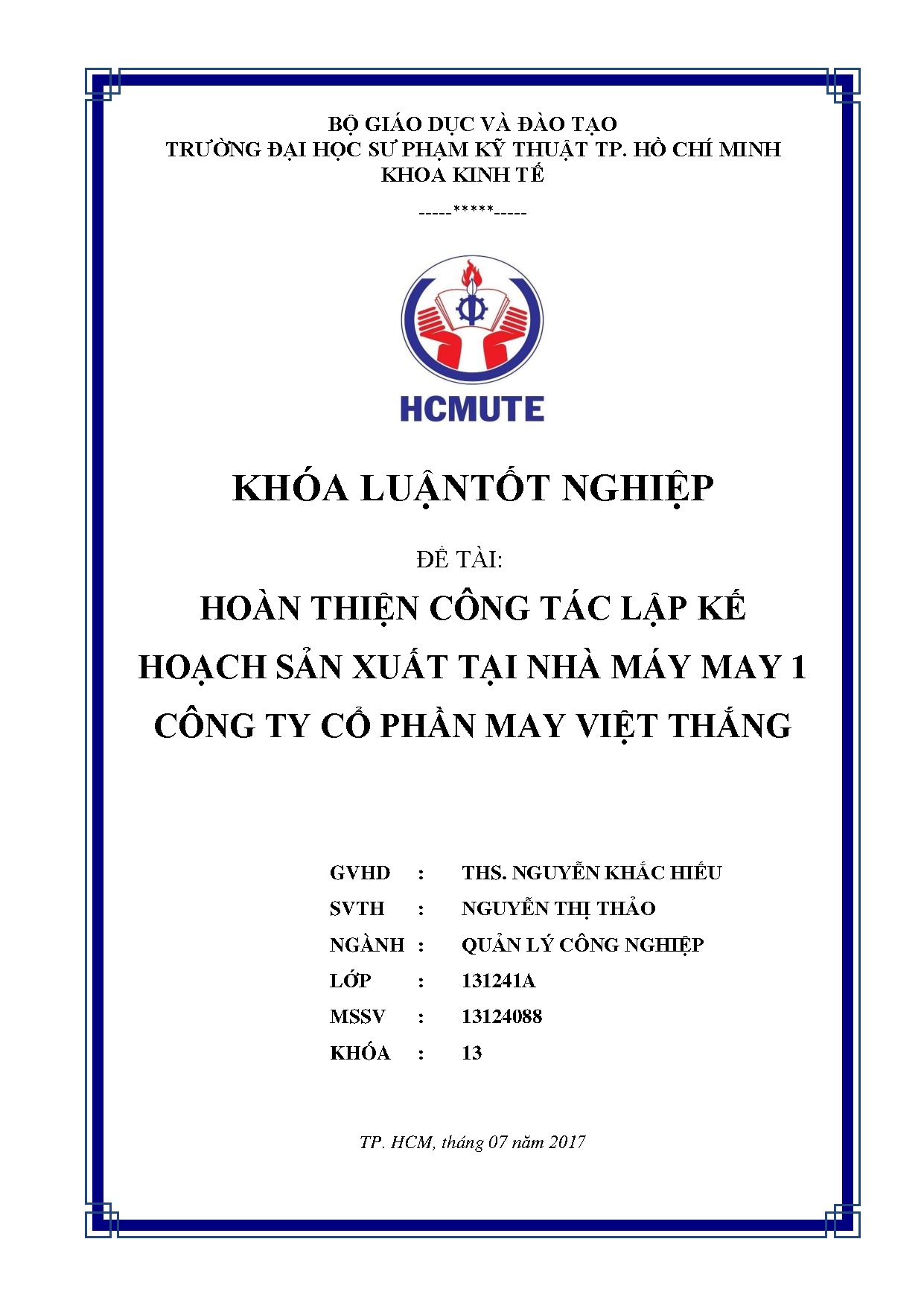 Đồ án tốt nghiệp - Hoàn thiện công tác lập kế hoạch sản xuất tại Nhà máy may 1 Công ty Cổ phần MVTĐ