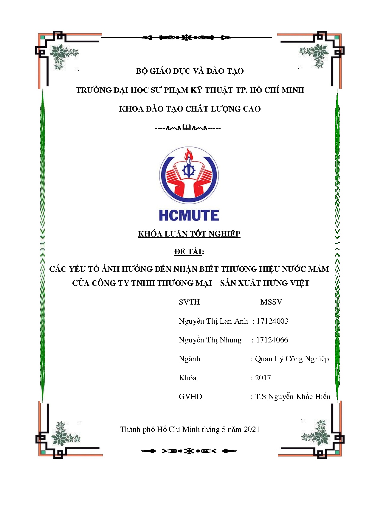 Đồ án tốt nghiệp - Các yếu tố ảnh hưởng đến nhận biết thương hiệu nước mắm của Công ty TTM - SXHV