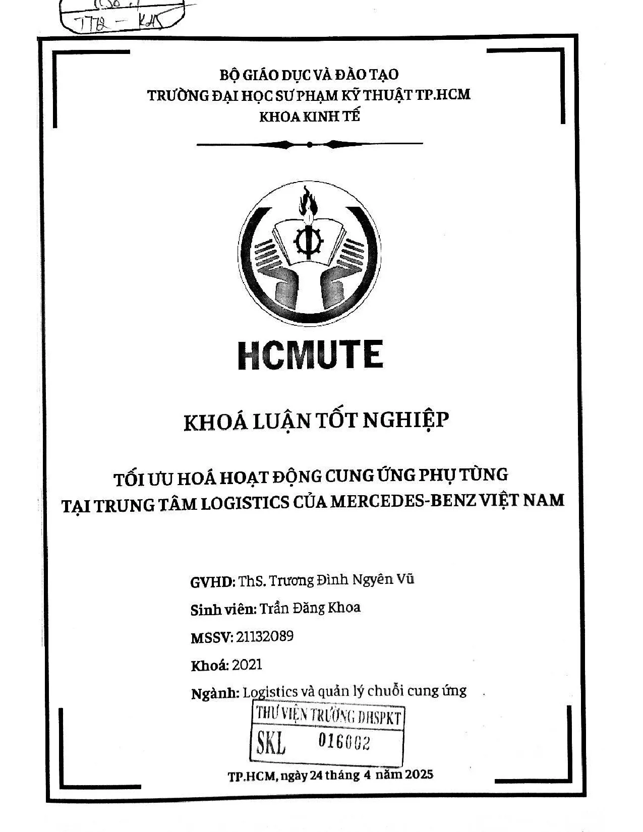 Đồ án tốt nghiệp - Tối ưu hóa hoạt động cung ứng phụ tùng tại trung tâm Logistics của MVN