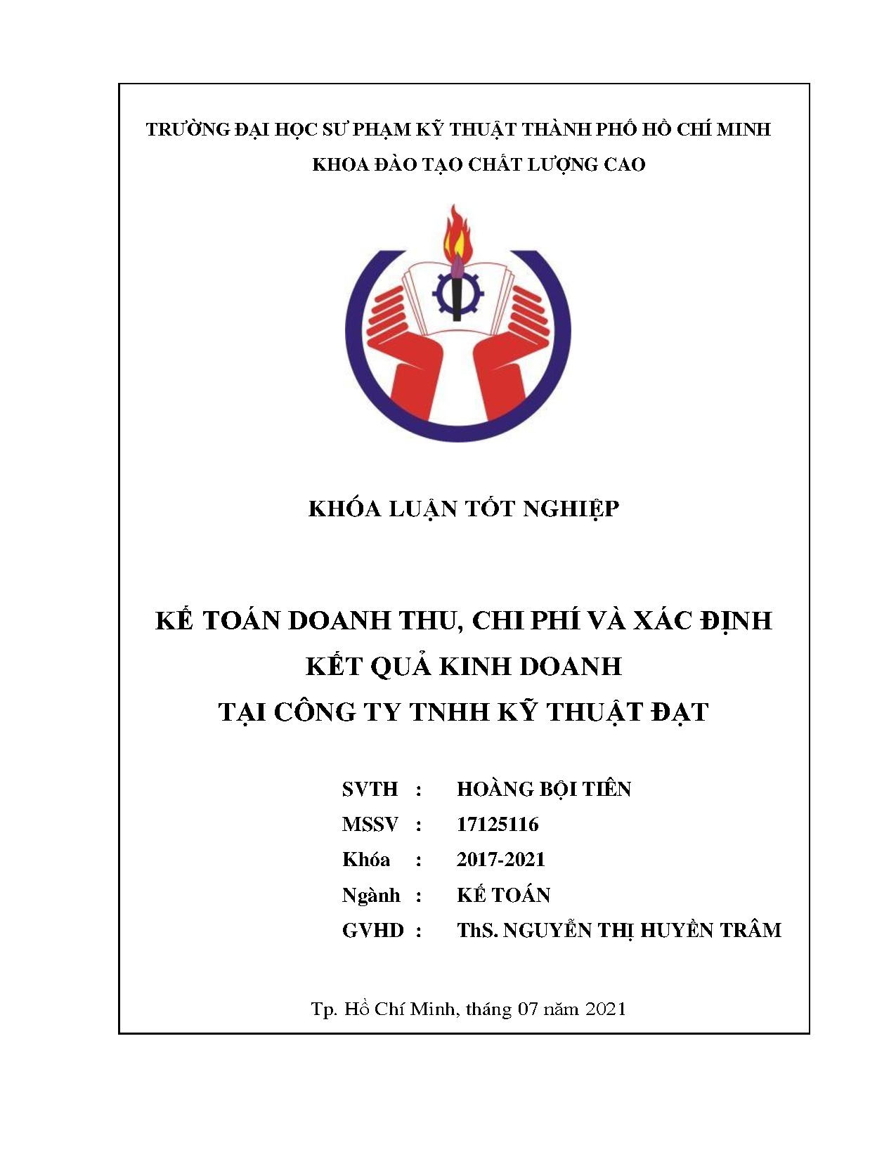 Đồ án tốt nghiệp - Kế toán doanh thu, chi phí và xác định kết quả kinh doanh tại Công ty TNHH Kỹ TĐ