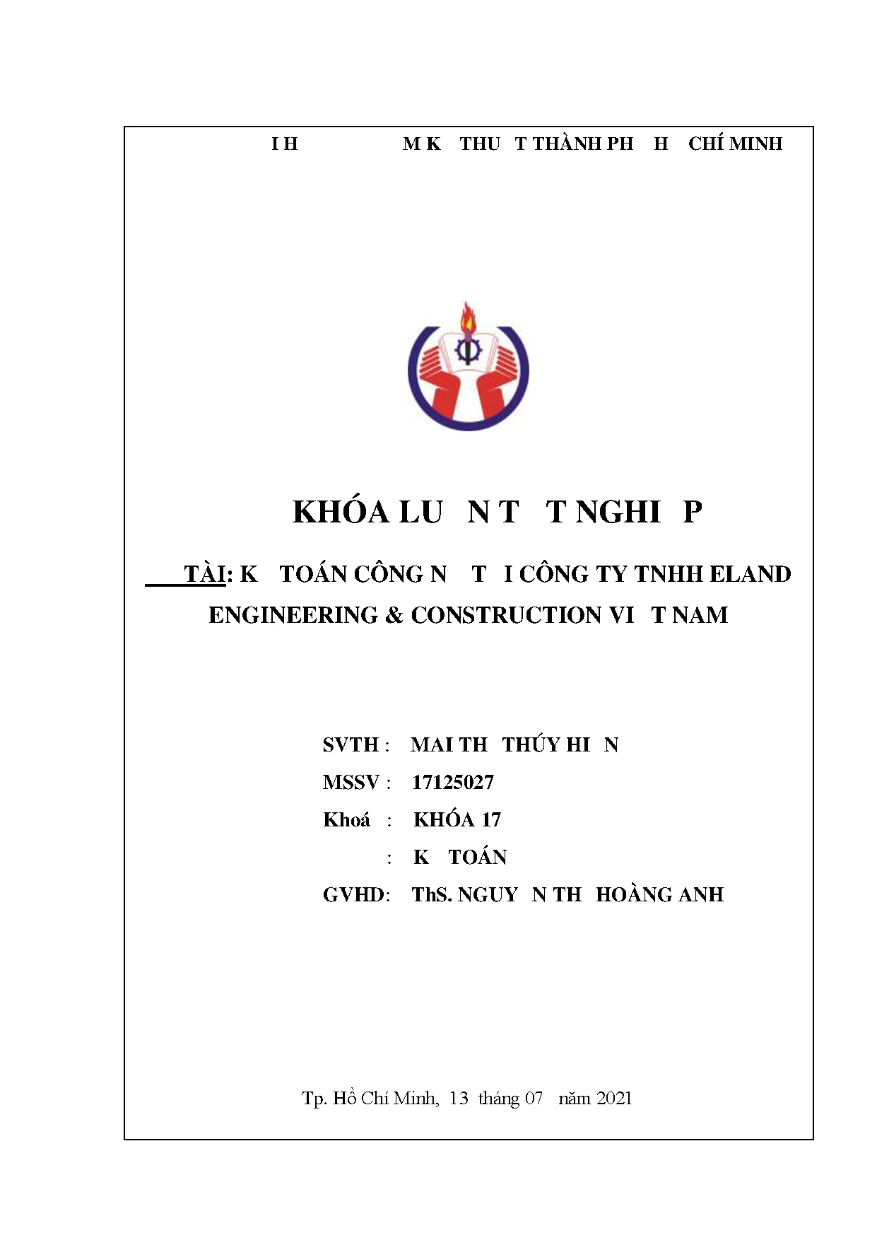 Đồ án tốt nghiệp - Kế toán công nợ tại Công ty TNHH Eland Engineering &amp; construction Việt Nam