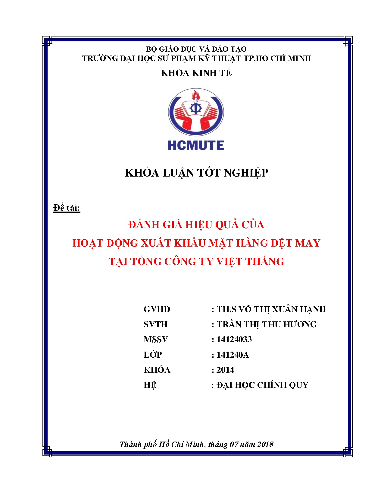 Đồ án tốt nghiệp - Đánh giá hiệu quả của hoạt động xuất khẩu mặt hàng dệt may tại Tổng công ty VT