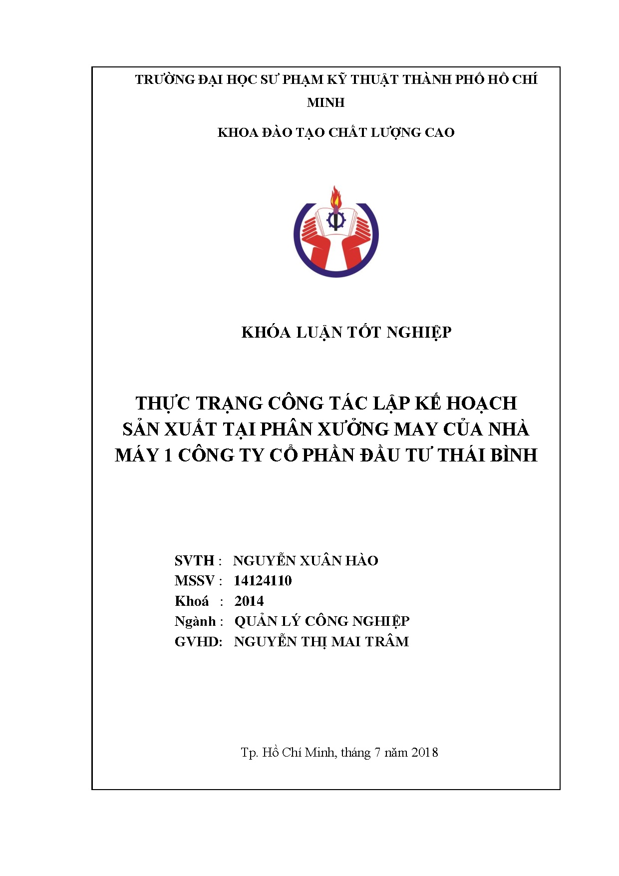 Đồ án tốt nghiệp - Thực trạng công tác lập kế hoạch sản xuất tại phân xưởng may của nhà M 1 CTCPĐTTB