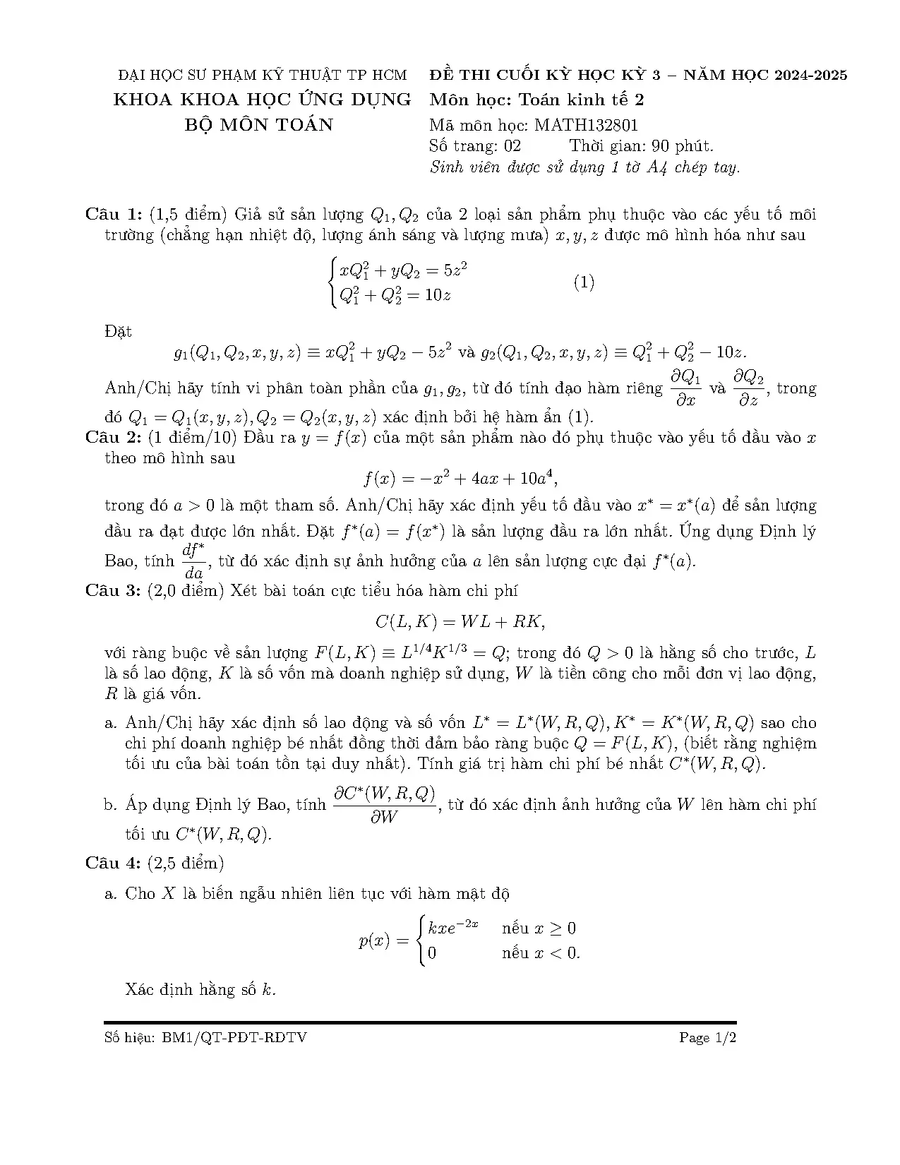 ĐỀ THI CUỐI KỲ TOÁN KINH TẾ 2 HỌC KỲ 3 − NĂM HỌC 2024-2025