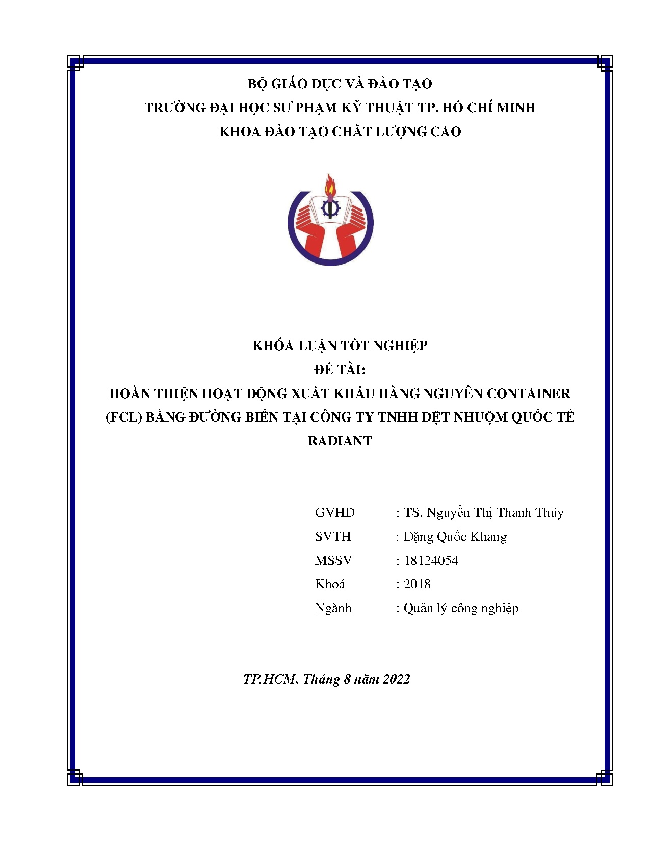 Đồ án tốt nghiệp - Hoàn Thiện hoạt động xuất khẩu hàng nguyên Container (FCL) bằng đường BTCTTDNQTR