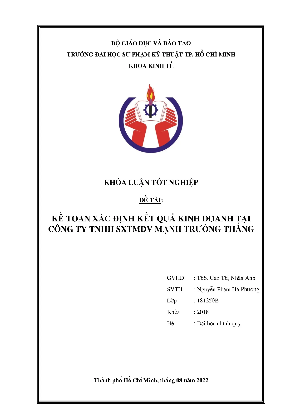 Đồ án tốt nghiệp - Kế toán xác định kết quả kinh doanh tại Công ty TNHH SXTMDV Mạnh Trường Thắng