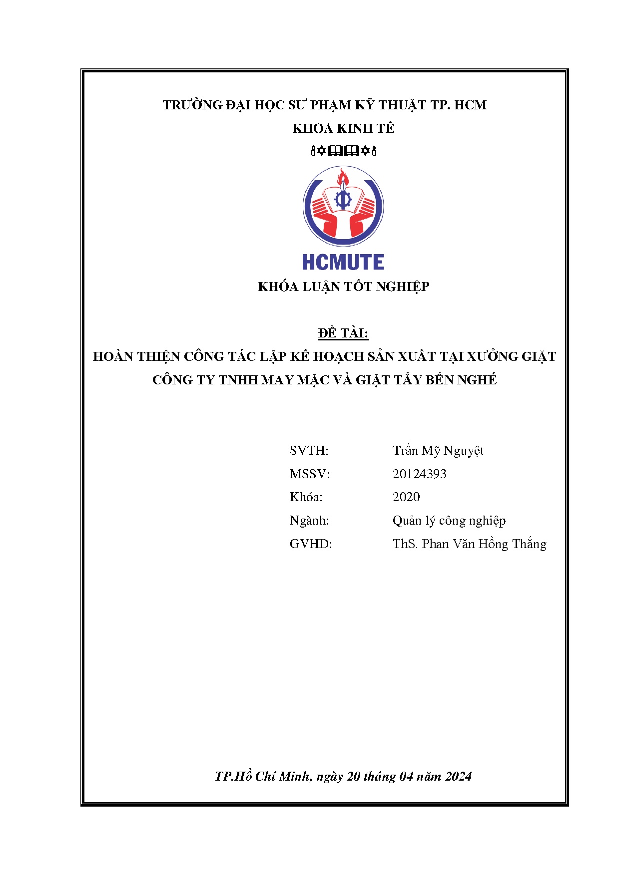 Đồ án tốt nghiệp - Hoàn thiện công tác lập kế hoạch sản xuất tại xưởng giặt công ty TNHH may MVGTBN