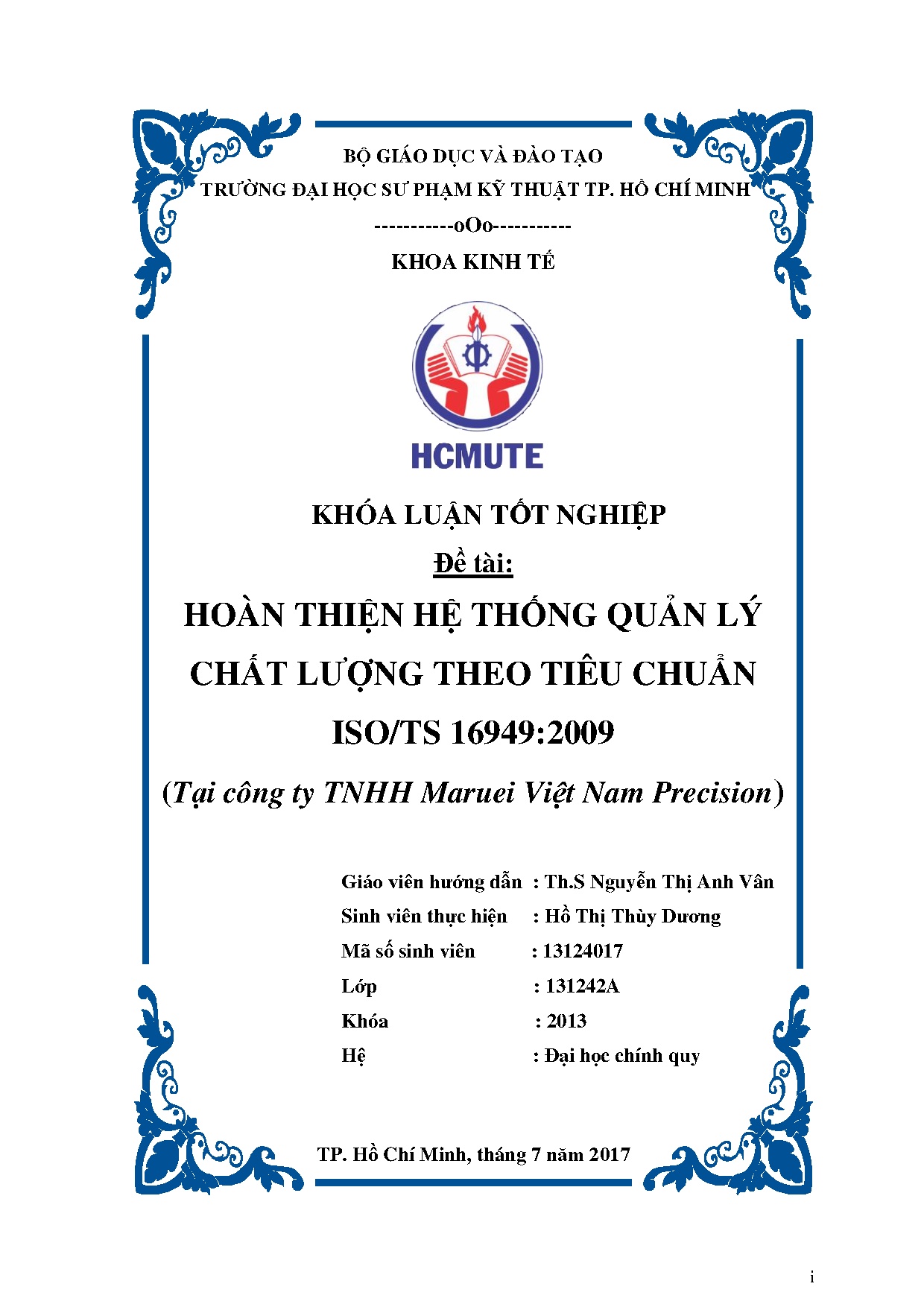 Đồ án tốt nghiệp - Hoàn thiện hệ thống quản lý chất lượng theo tiêu chuẩn ISO/TS 1 ( CTTMVNPĐ