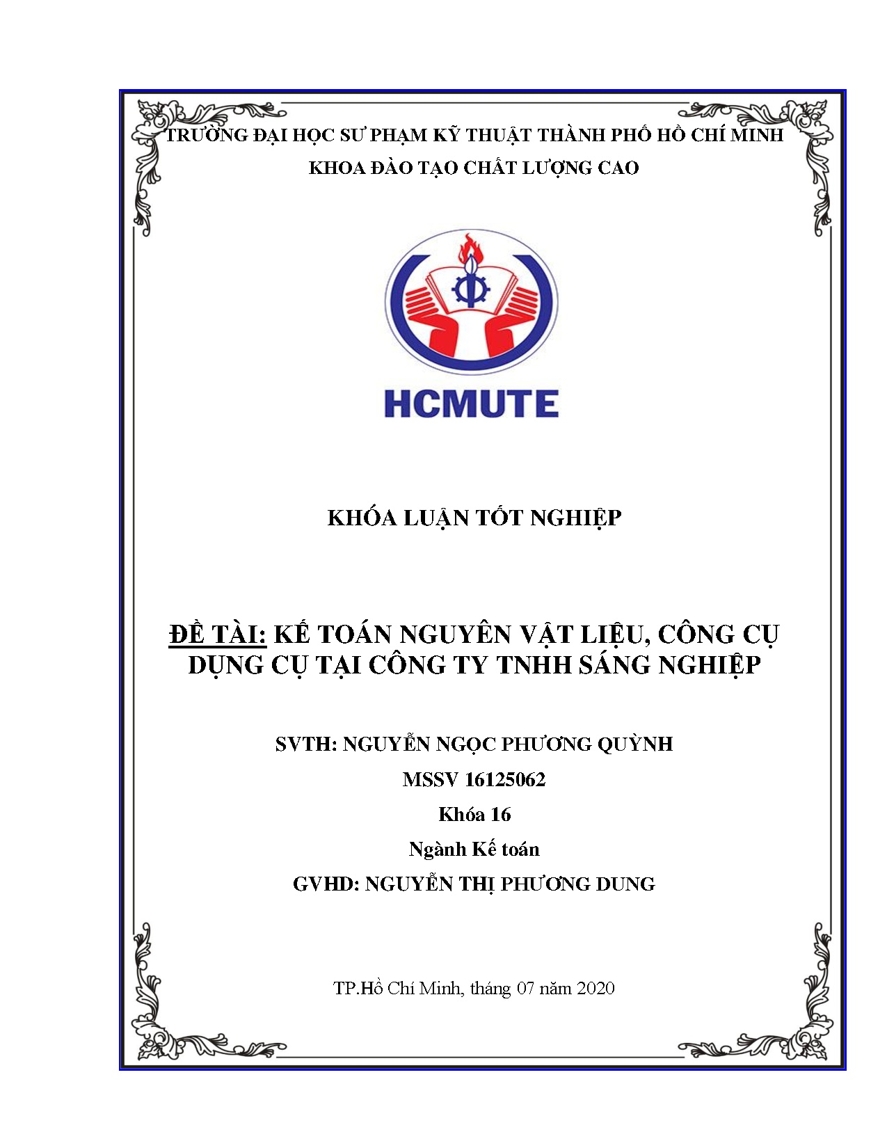 Đồ án tốt nghiệp - Kế toán nguyên vật liệu, công cụ dụng cụ tại Công ty TNHH Sáng Nghiệp