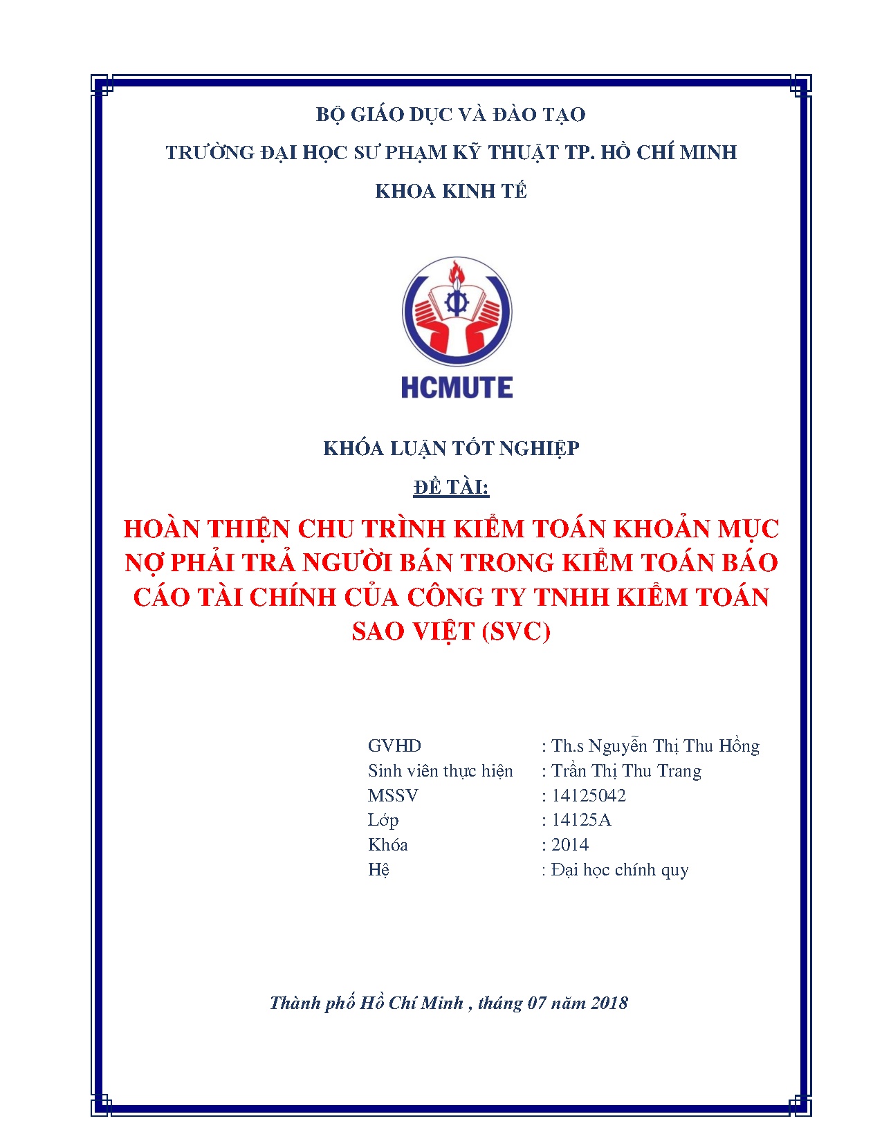 Đồ án tốt nghiệp - Hoàn thiện chu trình kiểm toán khoản mục nợ phải trả người bán TKTBCTCCCTTKTSV (