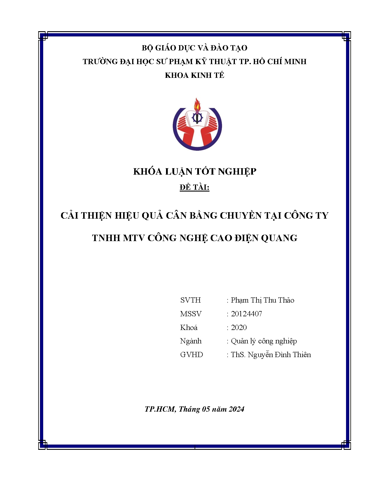 Đồ án tốt nghiệp - Cải thiện hiệu quả cân bằng chuyền tại công ty TNHH MTV công nghệ cao điện quang