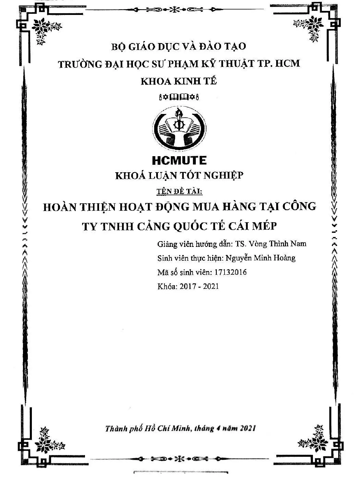 Đồ án tốt nghiệp - Hoàn thiện hoạt động mua hàng tại công ty TNHH Cảng Quốc Tế Cái Mép