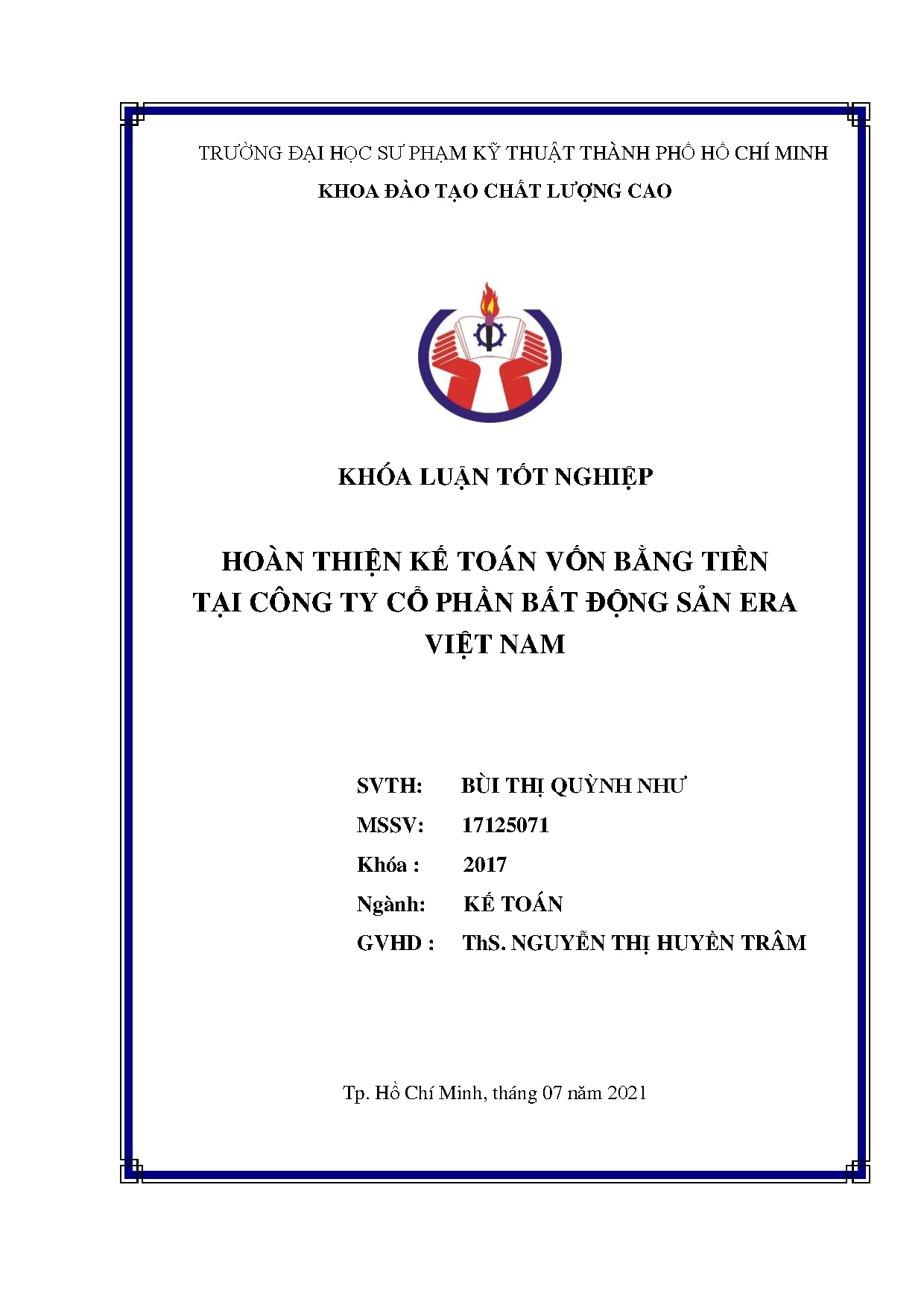 Đồ án tốt nghiệp - Hoàn thiện kế toán vốn bằng tiền tại Công ty Cổ phần Bất động sản ERA VIệt Nam