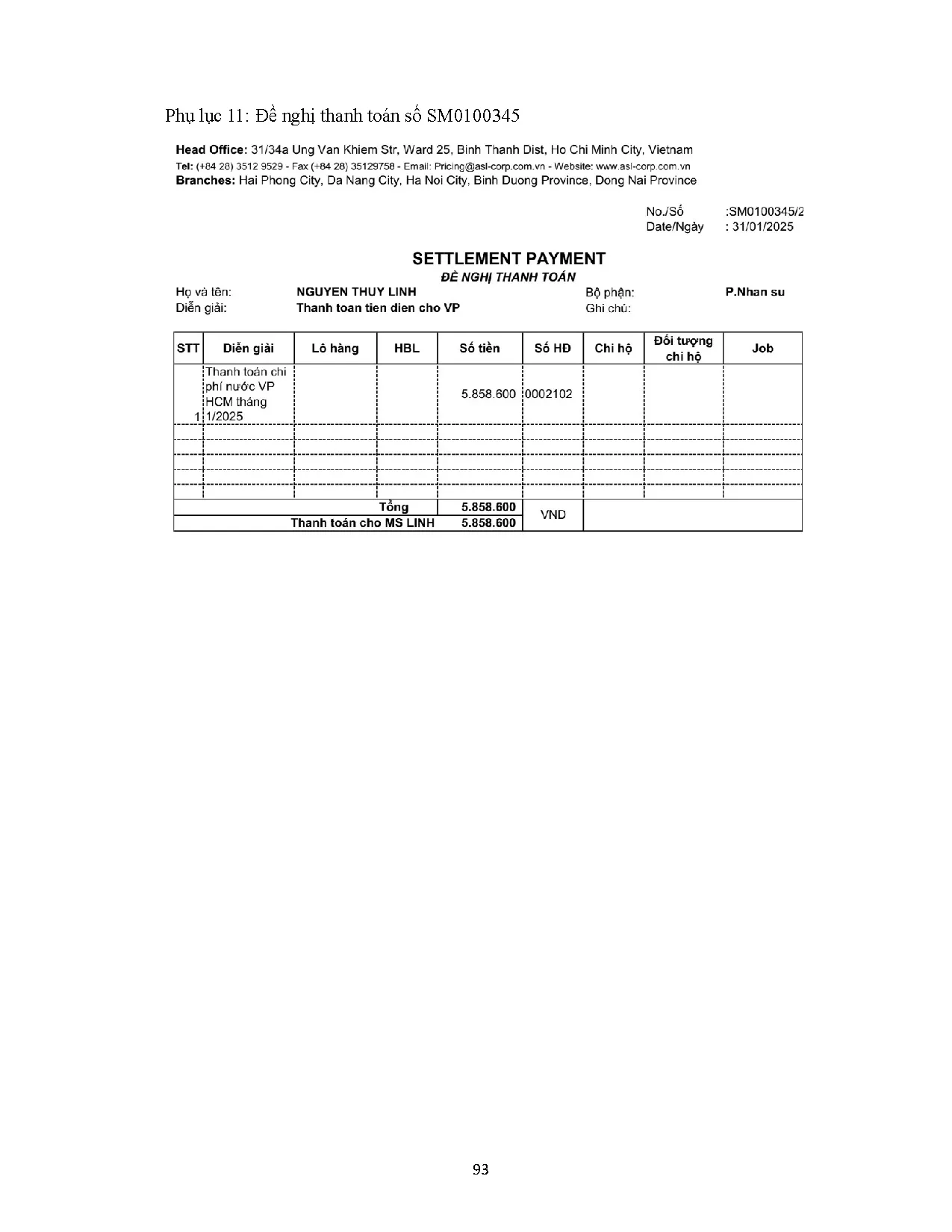 Đồ án tốt nghiệp - Thực trạng tổ chức kế toán công nợ tại Công ty Cổ phần giao nhận vận tải Mỹ Á - Trang 103
