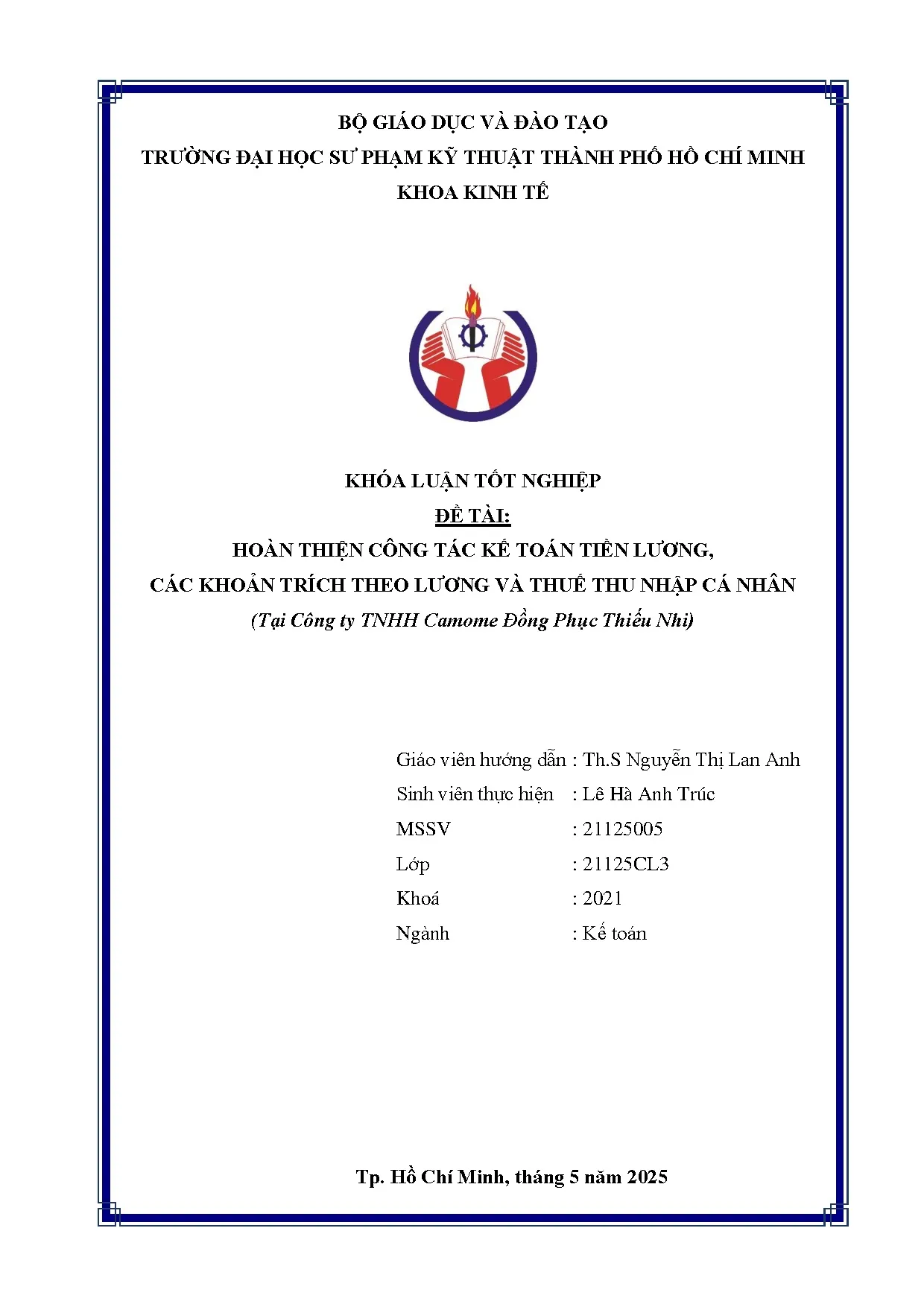 Đồ án tốt nghiệp - Hoàn thiện công tác kế toán tiền lương, các khoản trích theo LVTTNCNTCTTCĐPTN