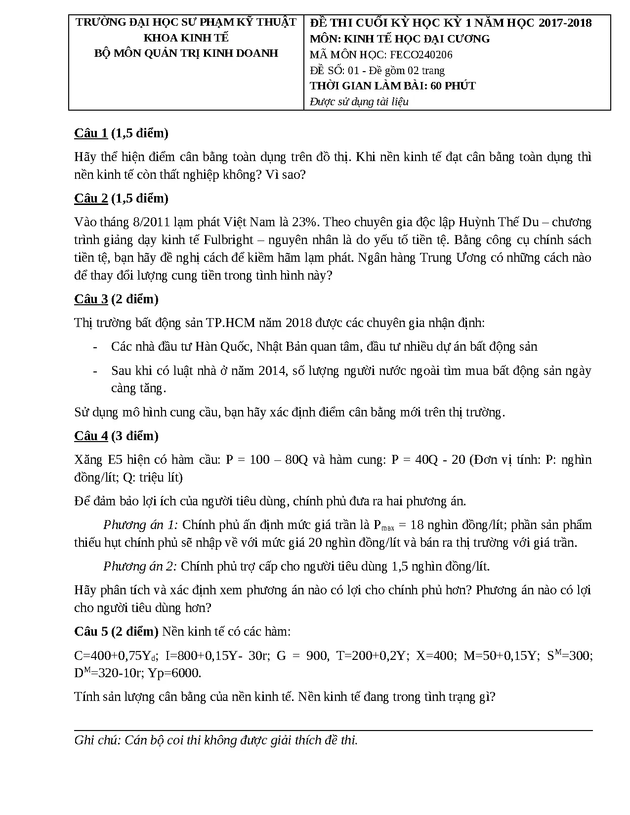 ĐỀ THI CUỐI KỲ VÀ ĐÁP ÁN KINH TẾ HỌC ĐẠI CƯƠNG HỌC KỲ 1 NĂM HỌC 2017-2018