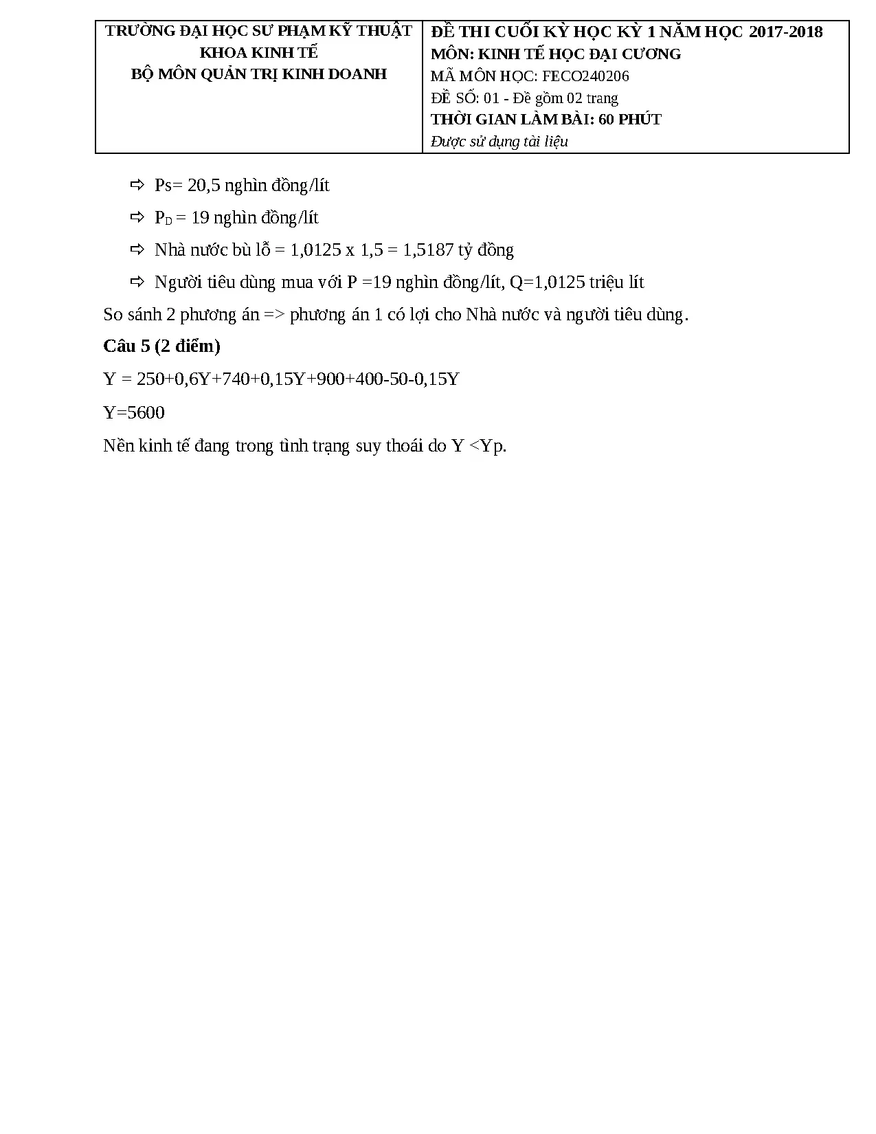 ĐỀ THI CUỐI KỲ VÀ ĐÁP ÁN KINH TẾ HỌC ĐẠI CƯƠNG HỌC KỲ 1 NĂM HỌC 2017-2018 - Trang 5