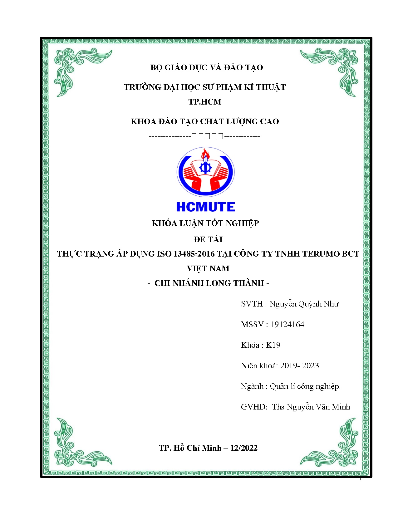 Đồ án tốt nghiệp - Thực trạng áp dụng ISO 13485:2016 tại Công ty TNHH Terumo BCT Việt Nam - Chi NLT