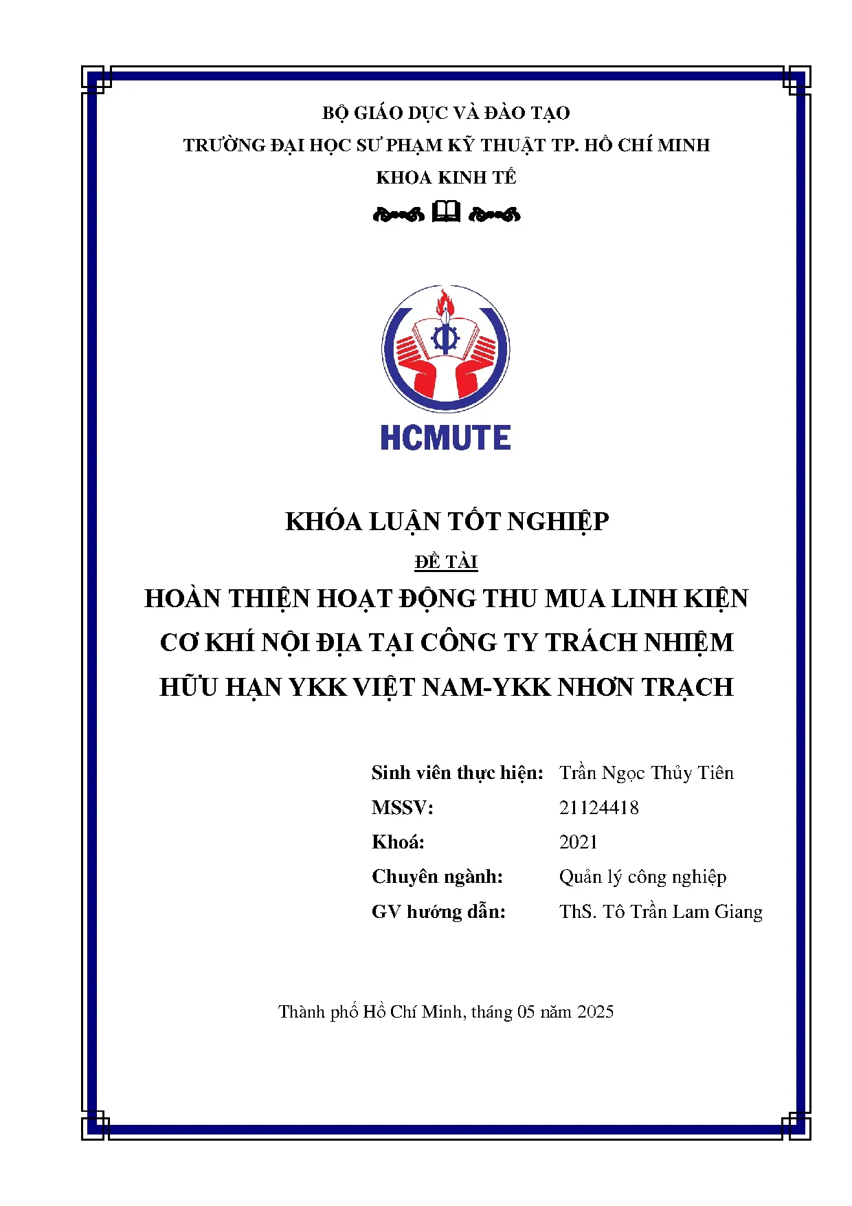 Đồ án tốt nghiệp - Hoàn thiện hoạt động thu mua linh kiện cơ khí nội địa tại Công ty TNHHYVN - YNT