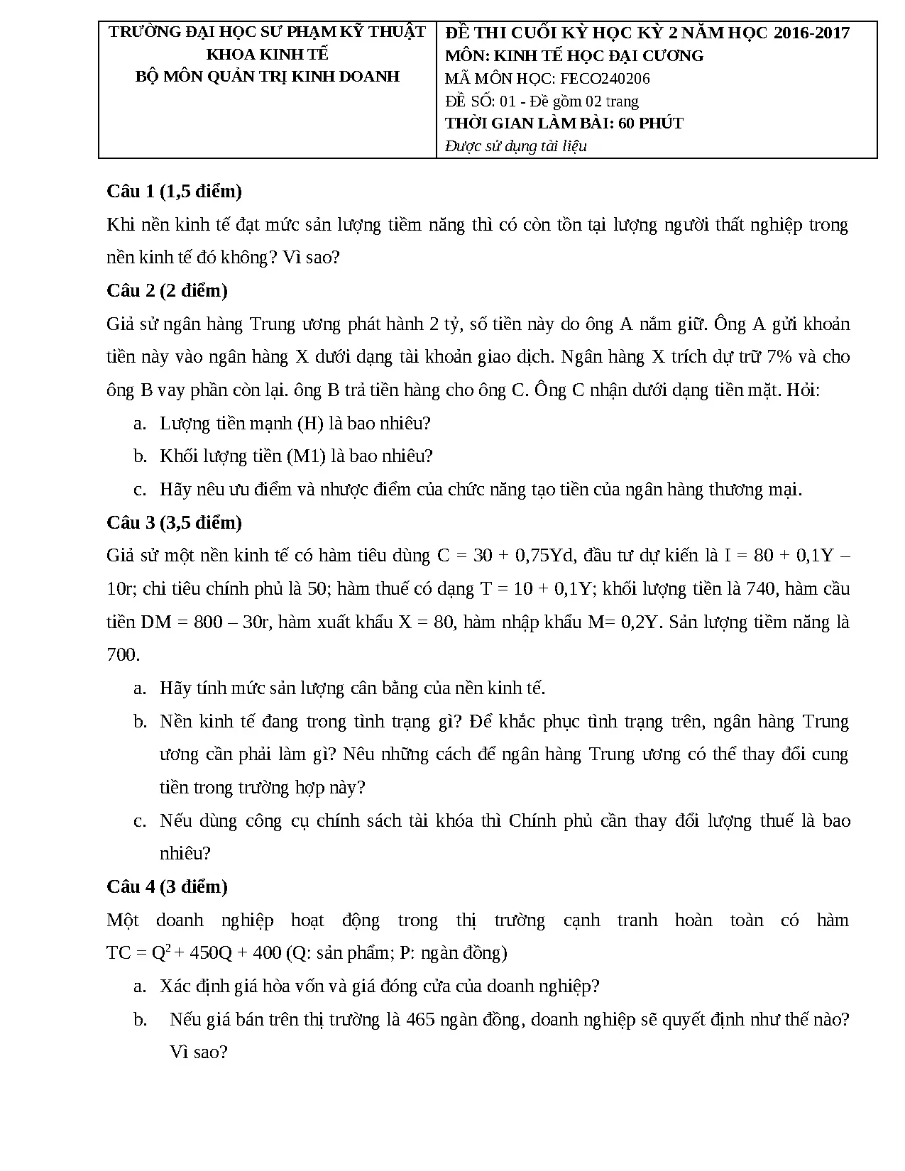 ĐỀ THI CUỐI KỲ VÀ ĐÁP ÁN KINH TẾ HỌC ĐẠI CƯƠNG HỌC KỲ 2 NĂM HỌC 2016-2017