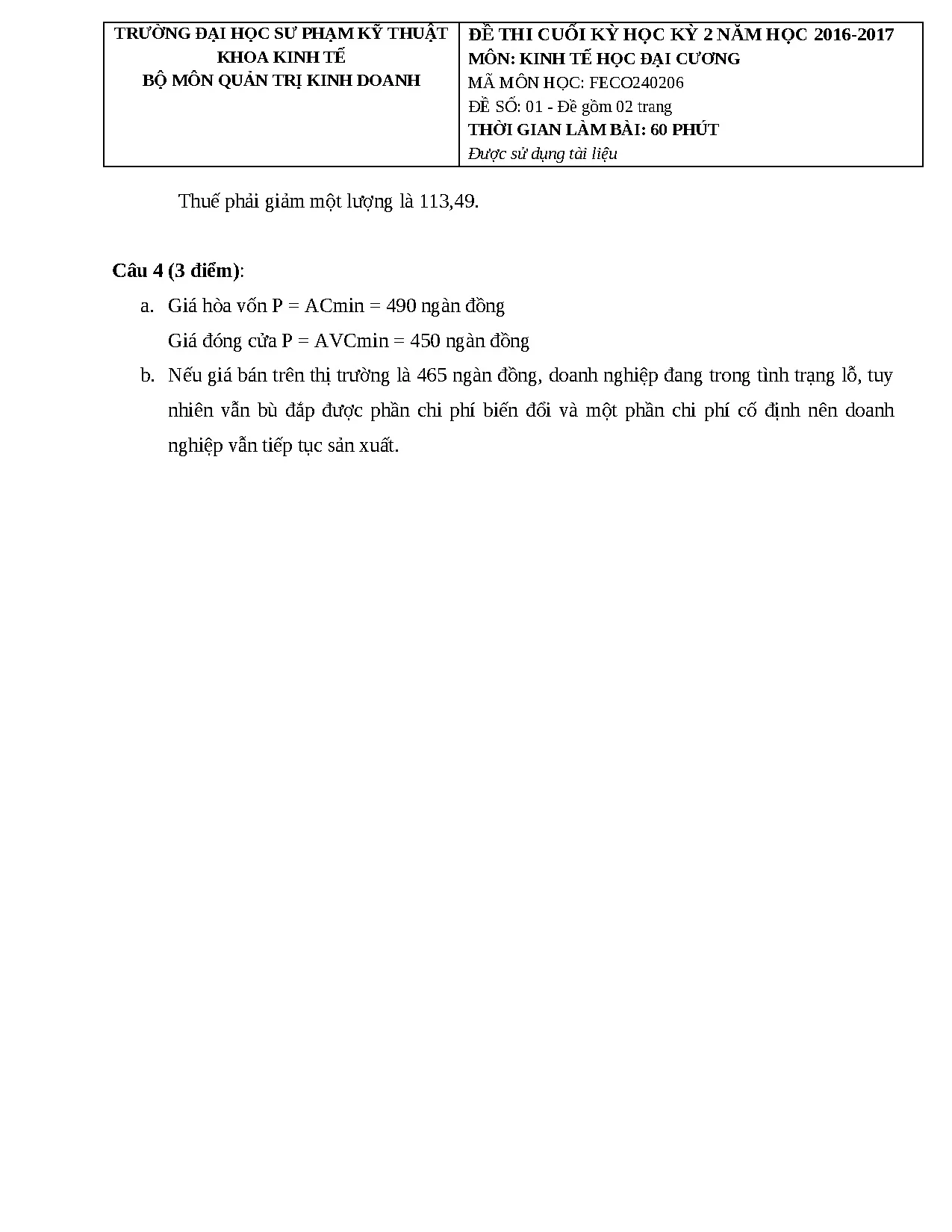 ĐỀ THI CUỐI KỲ VÀ ĐÁP ÁN KINH TẾ HỌC ĐẠI CƯƠNG HỌC KỲ 2 NĂM HỌC 2016-2017 - Trang 4