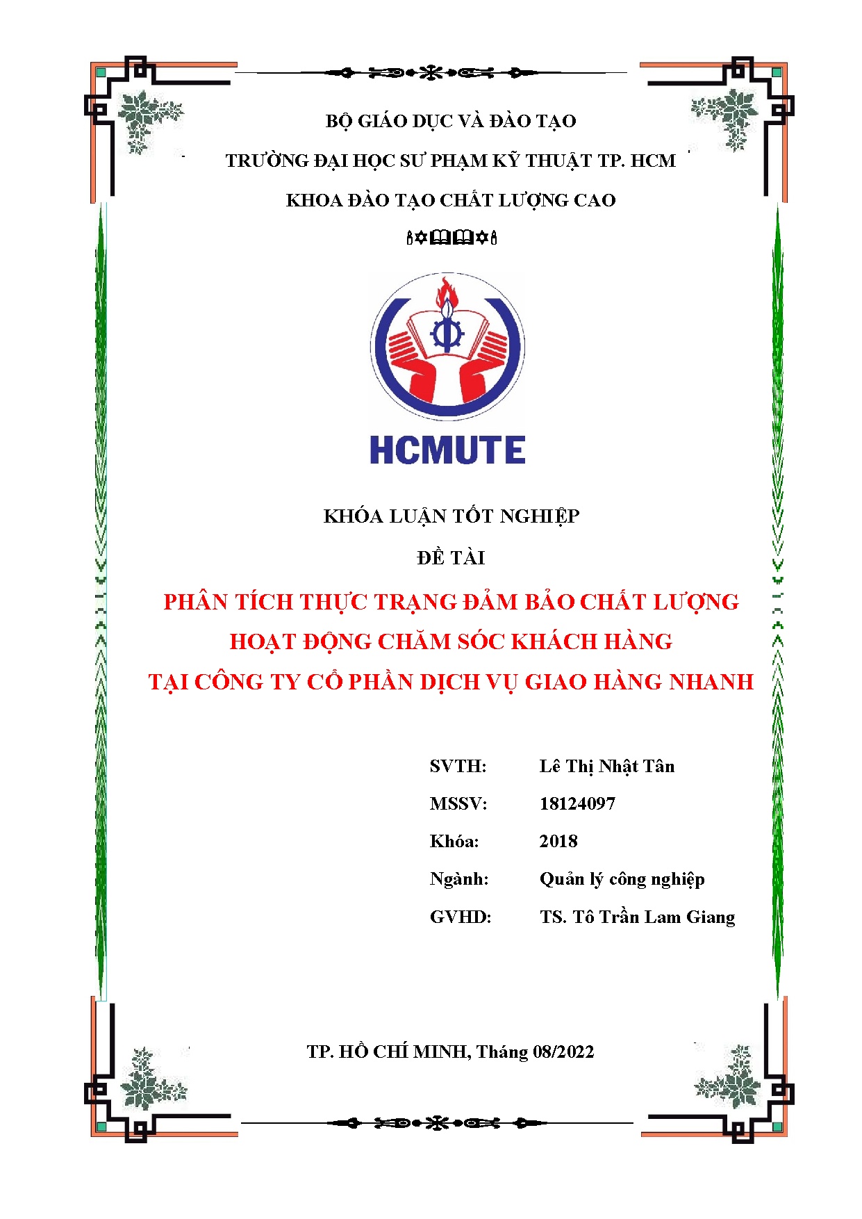 Đồ án tốt nghiệp - Phân tích thực trạng đảm bảo chất lượng hoạt động chăm sóc khách hàng TCTCPDVGHN