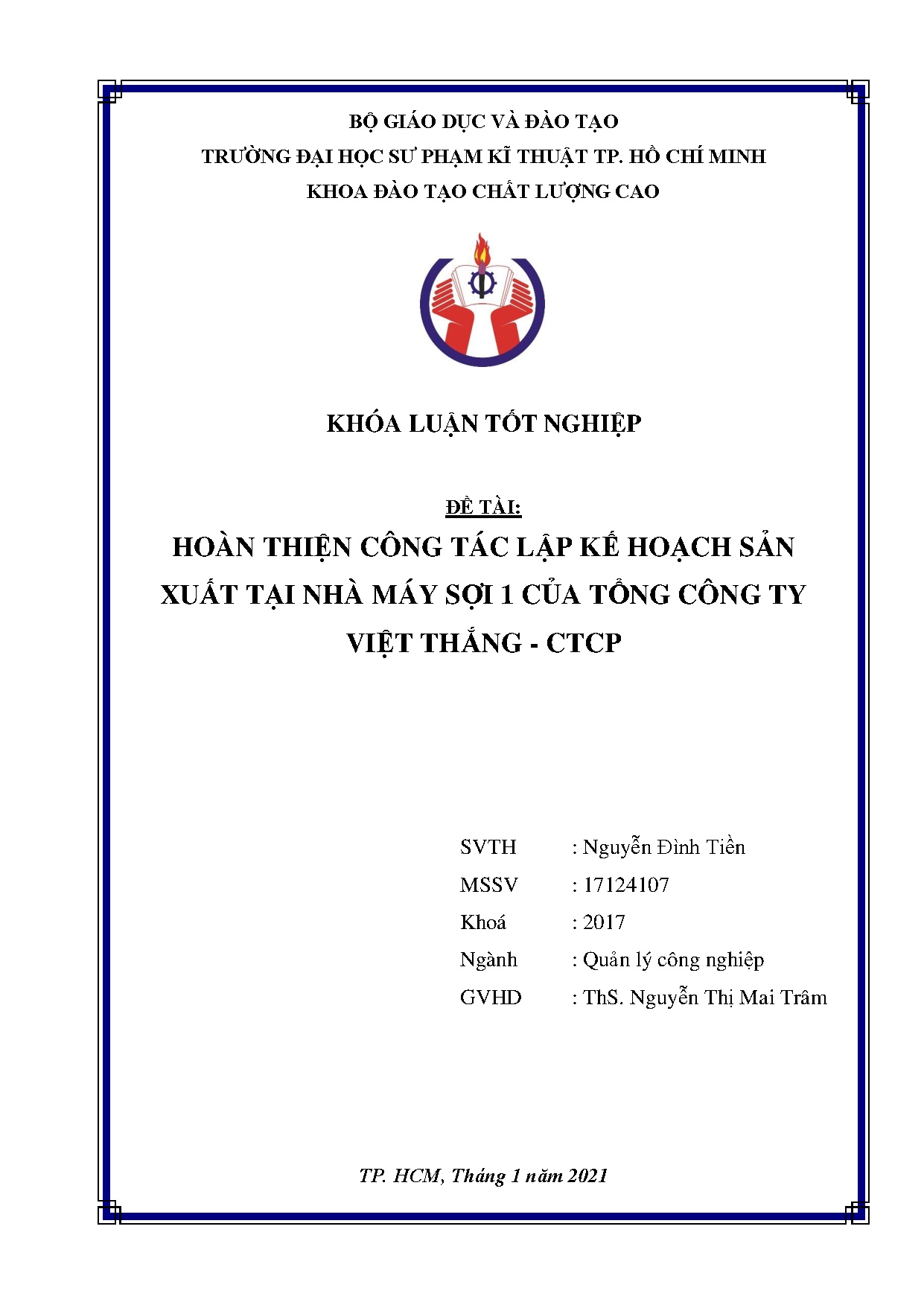 Đồ án tốt nghiệp - Hoàn thiện công tác lập kế hoạch sản xuất tại Nhà máy sợi 1 của Tổng Công TVT - C