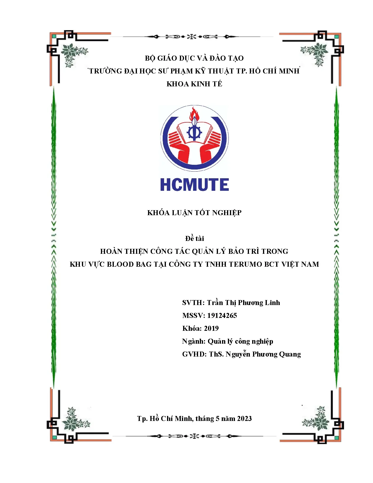 Đồ án tốt nghiệp - Hoàn thiện công tác quản lý bảo trì trong khu vực Blood Bag tại công ty TNHH TBVN