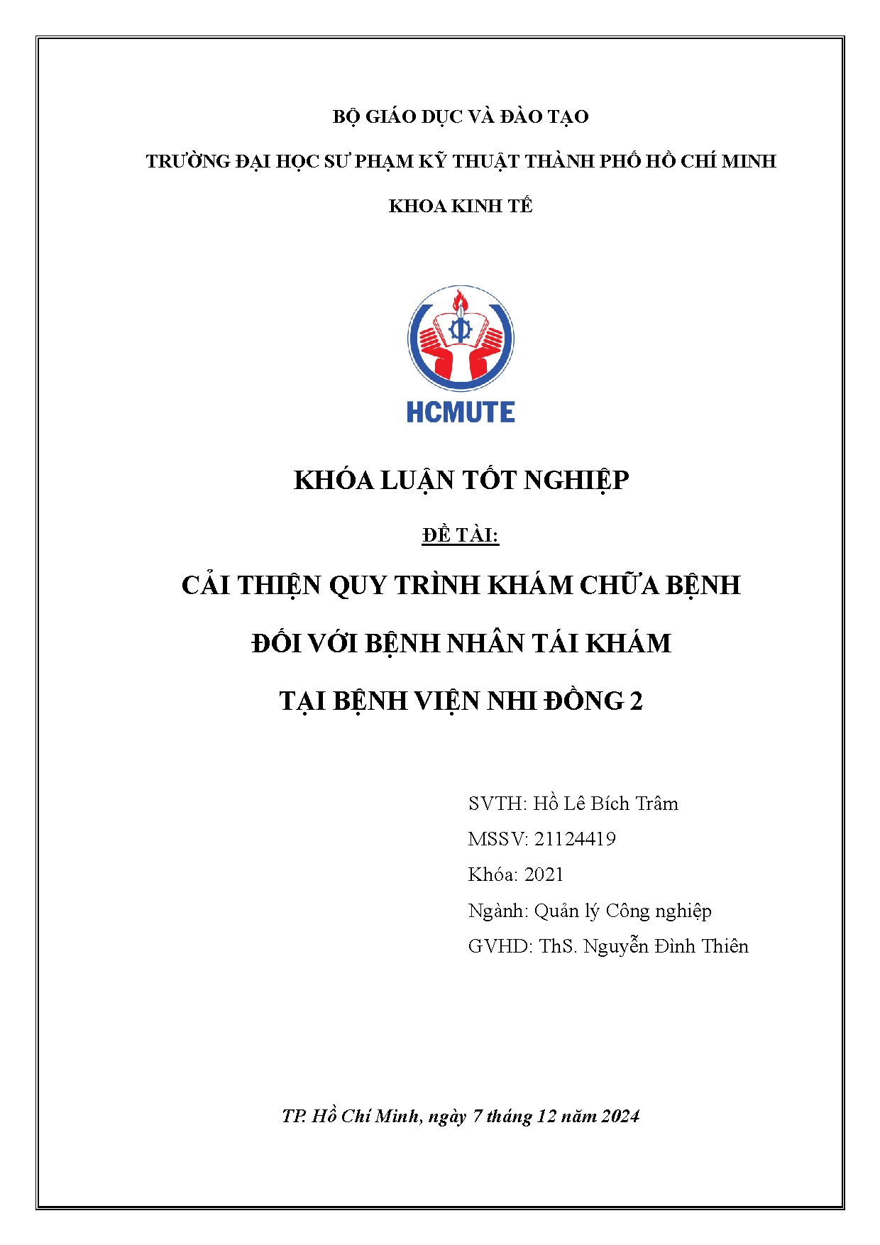 Đồ án tốt nghiệp - Cải thiện quy trình khám chữa bệnh đối với bệnh nhân tái khám tại bệnh viện NĐ 2