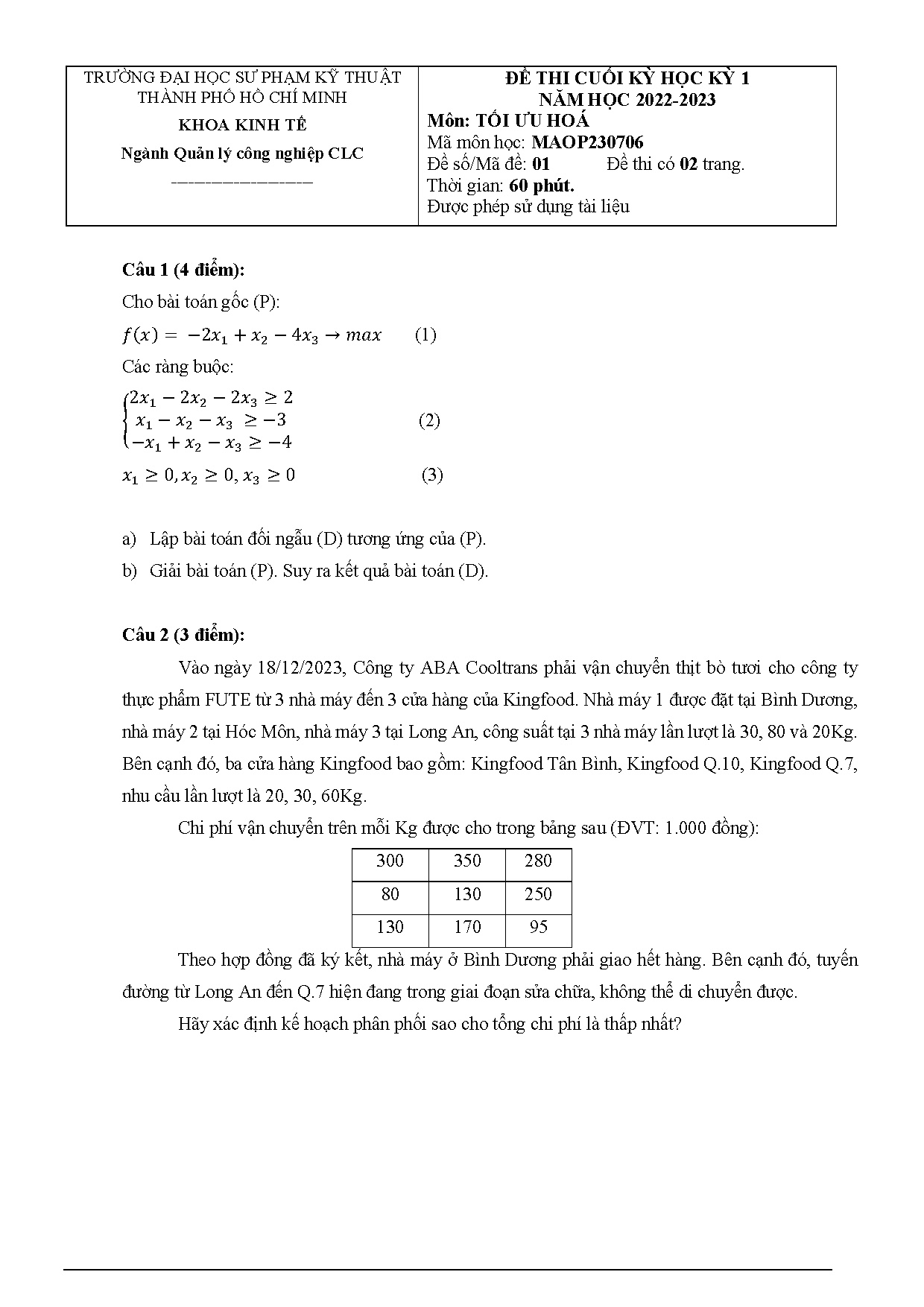 Đề thi cuối kỳ tối ưu hóa 2022 - 2023 kèm đáp án (CLC)